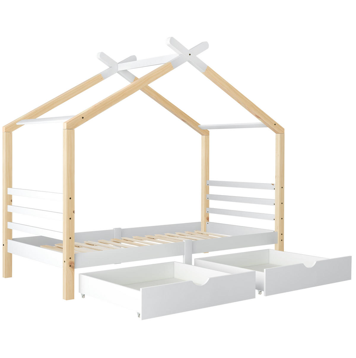 POSTELJA v obliki hiše 90/200 cm bela s predali iz masivnega bora in MDF - bela, les (90/200cm) - OKWISH