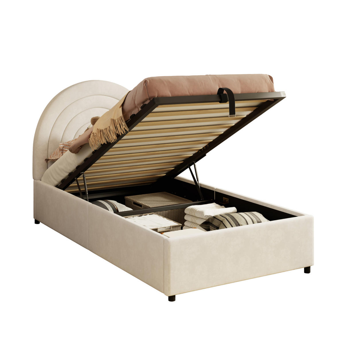 KINDERBETT 90/200 cm mit hydraulischem Stauraum, gepolstertem Kopfteil und Lattenrost, Samt, Beige - Beige, Textil (90/200cm) - Redom