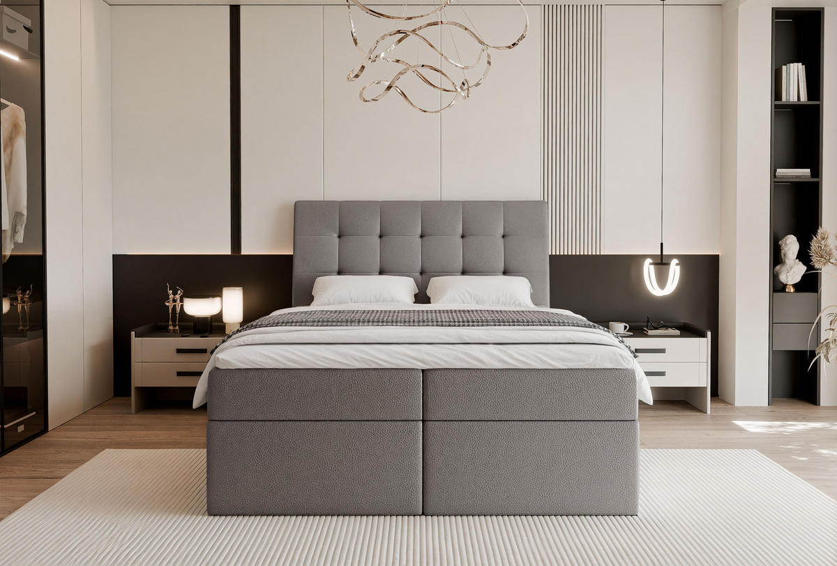 BOXBETT BAILEY 200/200 cm mit Matratze und Topper, Grau - Schwarz/Grau, Textil/Metall (200/200cm) - Idohome