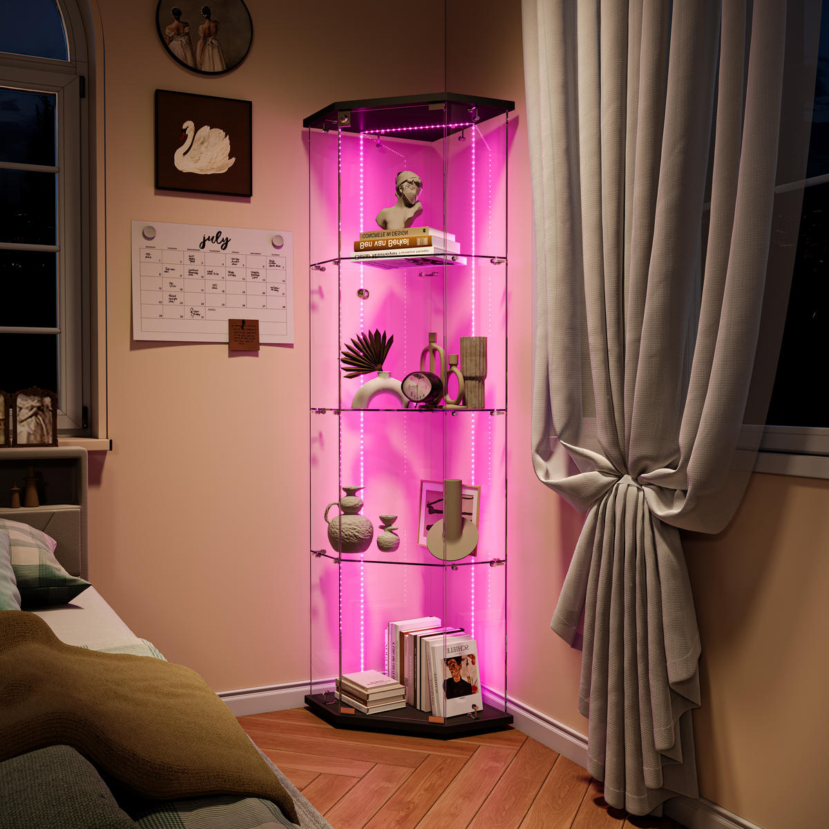 GLASVITRINE freistehend LED 1 Tür Schloss Glas schwarz - Schwarz, Holz (60/162/40cm) - LEBENLANG