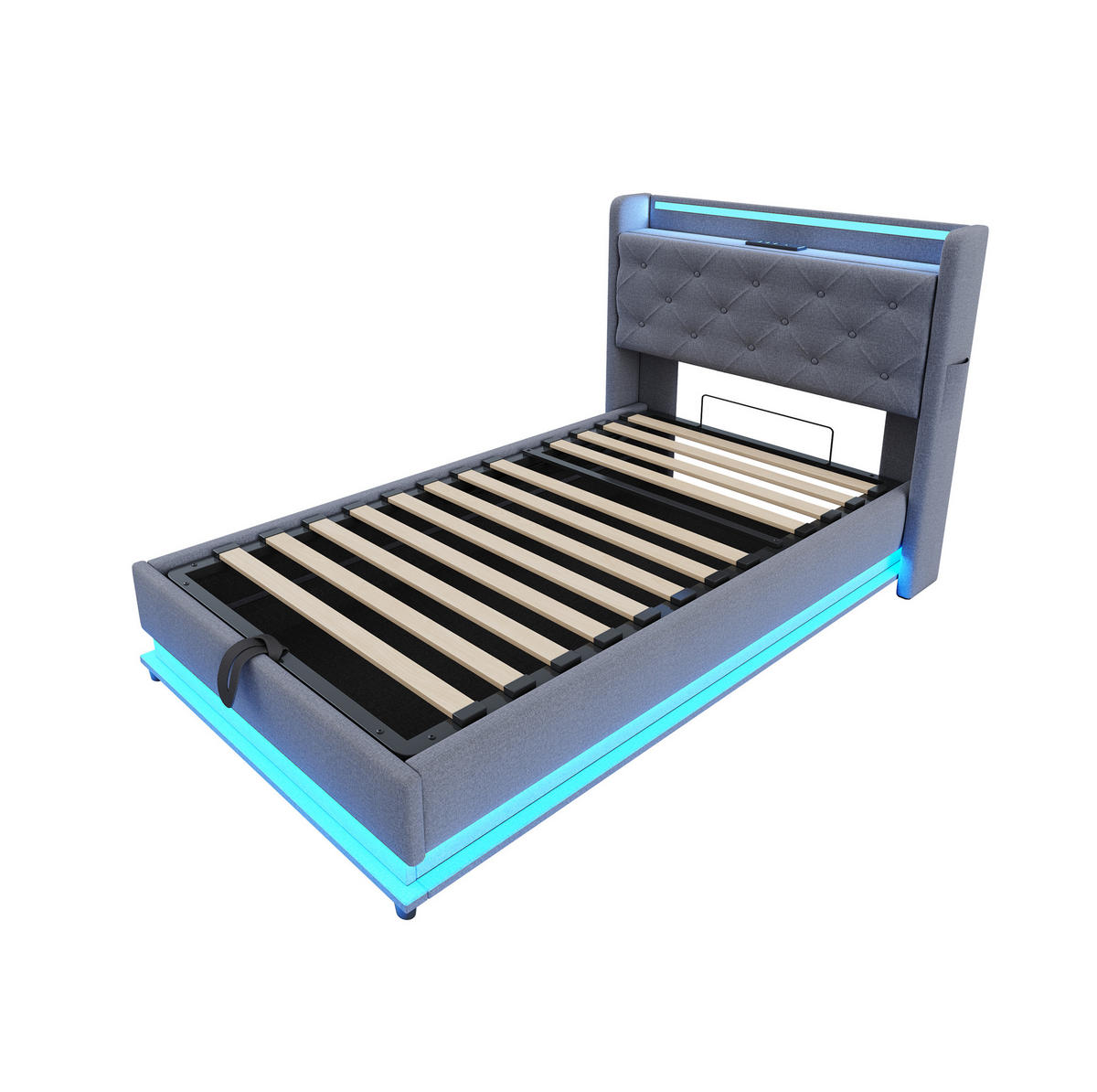 KINDERBETT 90/200 cm mit LED-Beleuchtung, USB, aufklappbarem Kopfteil und hydraulischem Stauraum, Leinenstoff, Grau - Grau, Textil (90/200cm) - Redom
