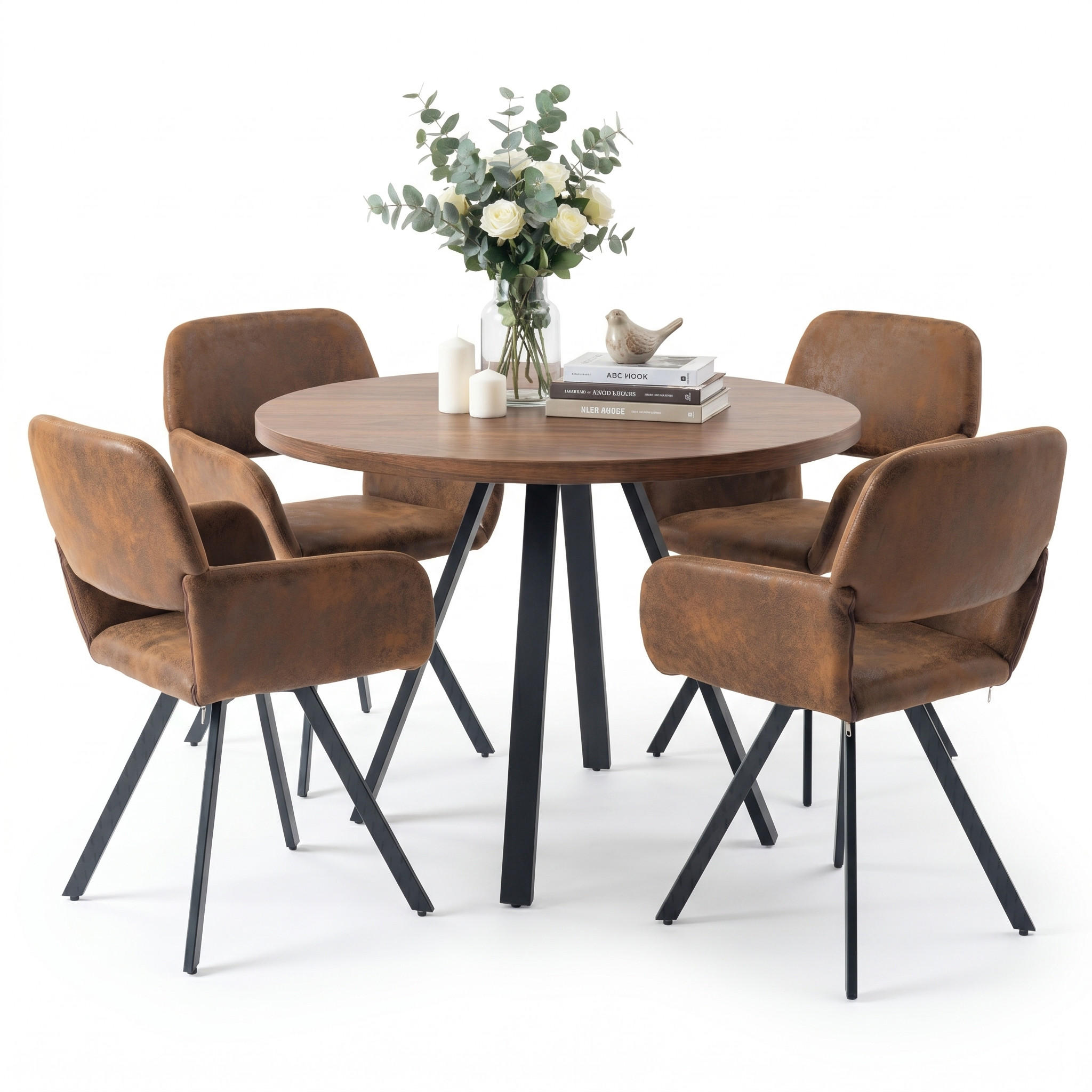 ESSTISCH-SET 1+4, runder Tisch in Walnuss-Optik mit 4 Esszimmerstühlen - Walnussfarben/Schwarz, Holzwerkstoff (80/75/80cm) - Urban Meuble