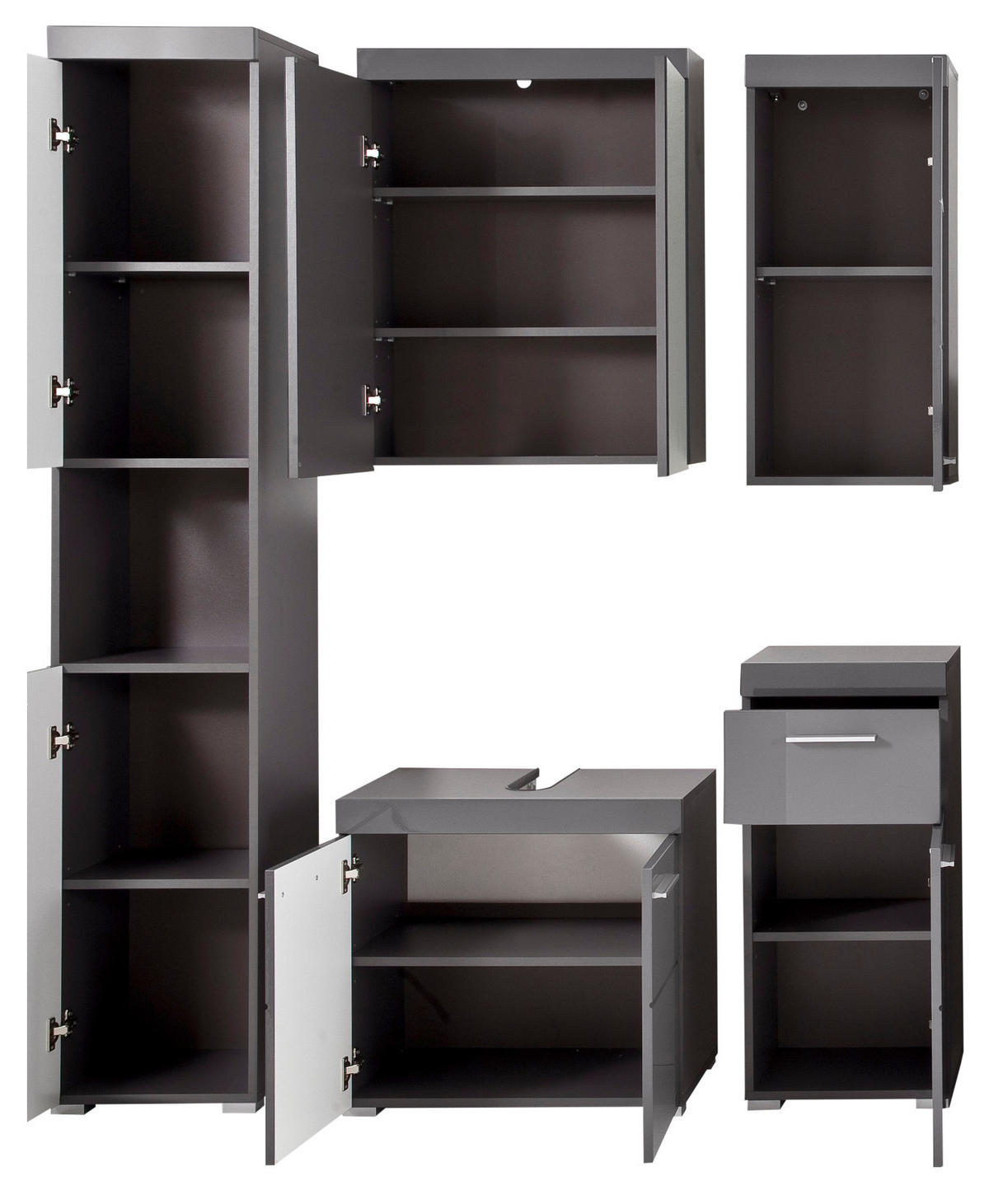 BADMÖBEL-SET grau Hochglanz 5-teilig 163 x 190 cm, Komplett-Set mit viel Stauraum - Grau, Glas/Holzwerkstoff (163/190/34cm) - Top.Furn