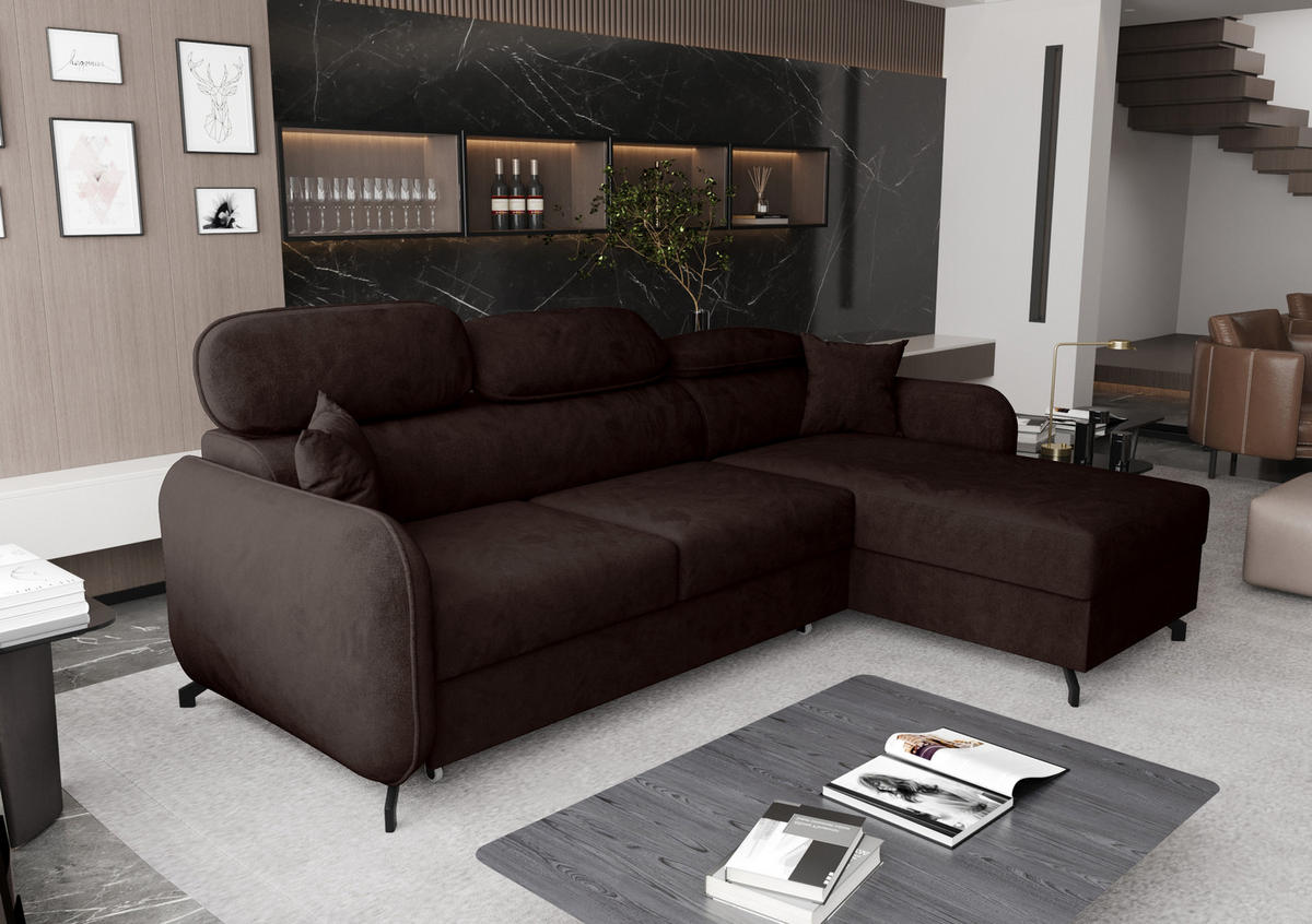 ECKSOFA L Form Ribella 5 Schokobraun 265/180/100 cm Rechts mit Schlaffunktion - Schwarz/Braun, Textil/Metall (265/180cm) - AX Living