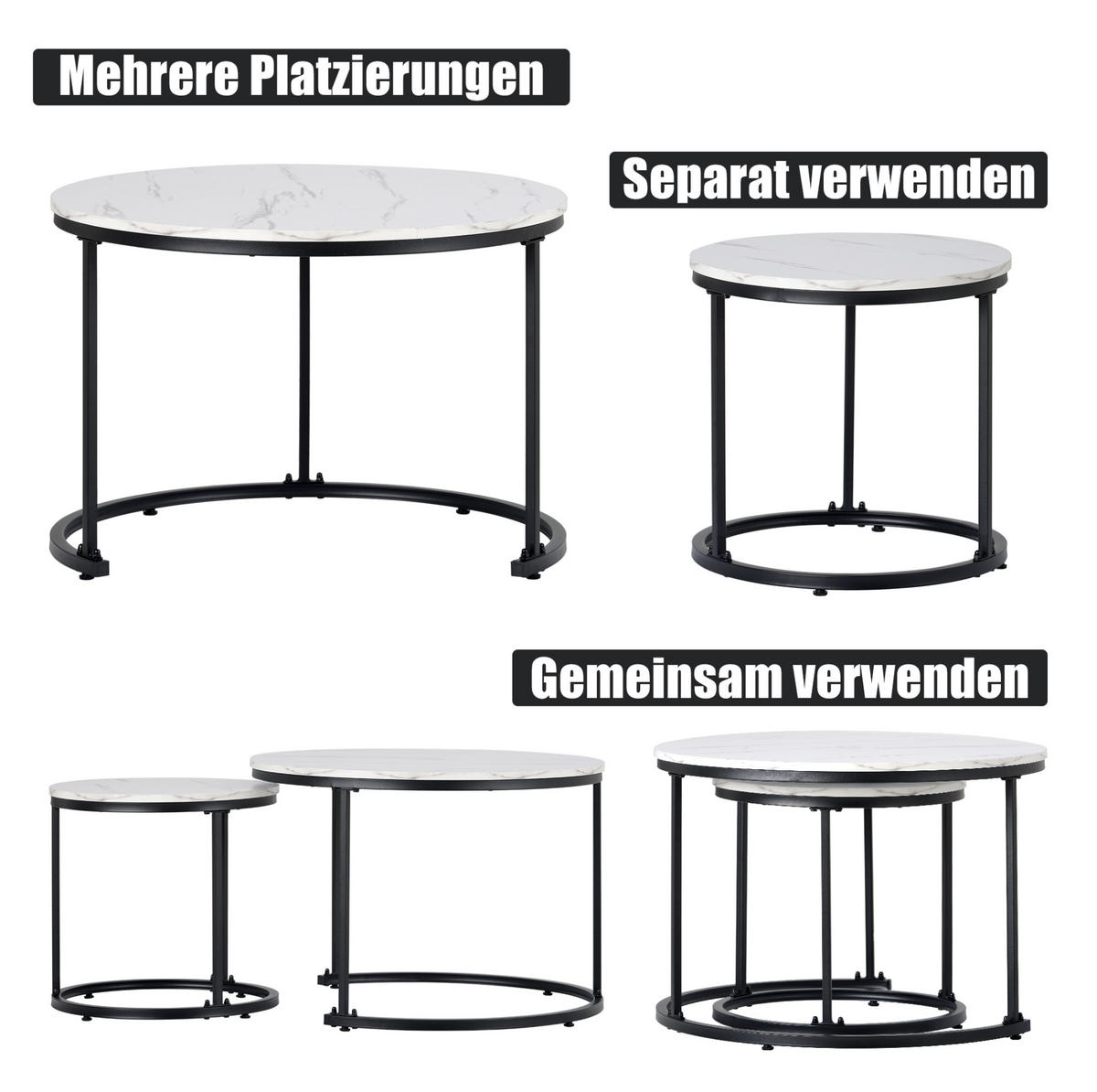 SADA konferenčních stolků 71/71/50 cm bílý mramor z MDF stohovatelná - bílá, kompozitní dřevo (70.5/70.5/50cm) - OKWISH