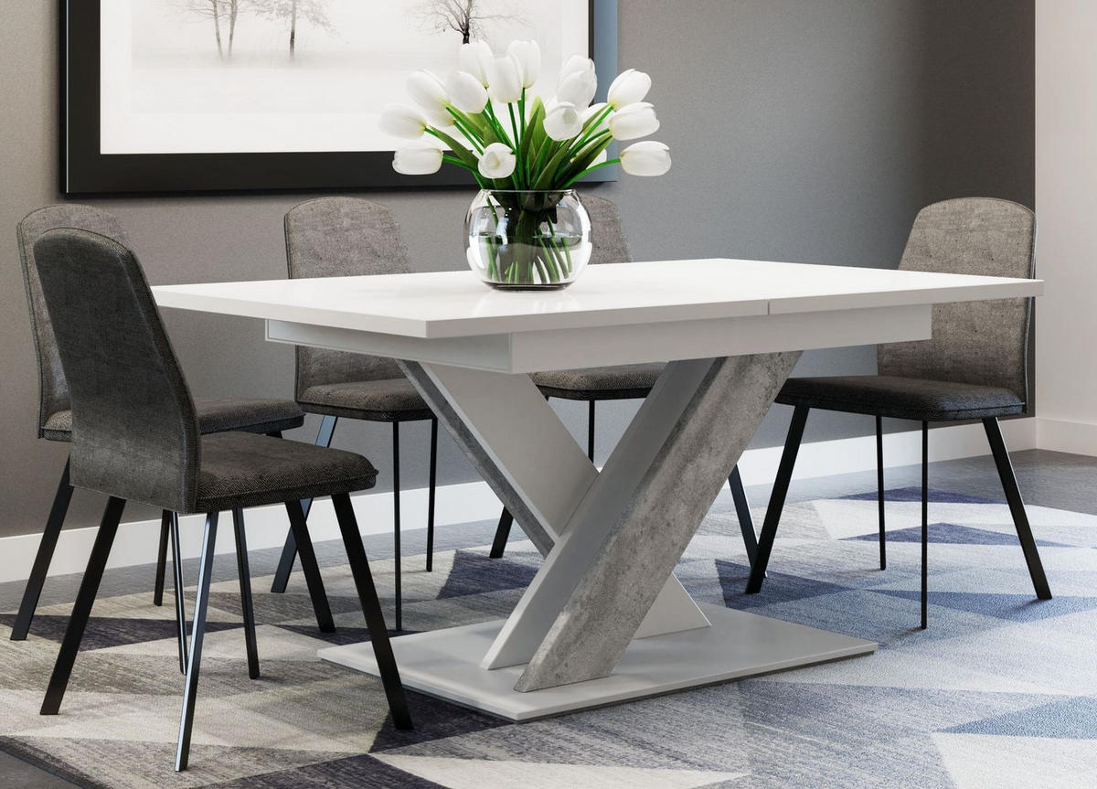 ESSTISCH rechteckig Weiß matt - Beton ausziehbar - Hellgrau/Weiß, Holzwerkstoff (80/140/75cm) - designimpex