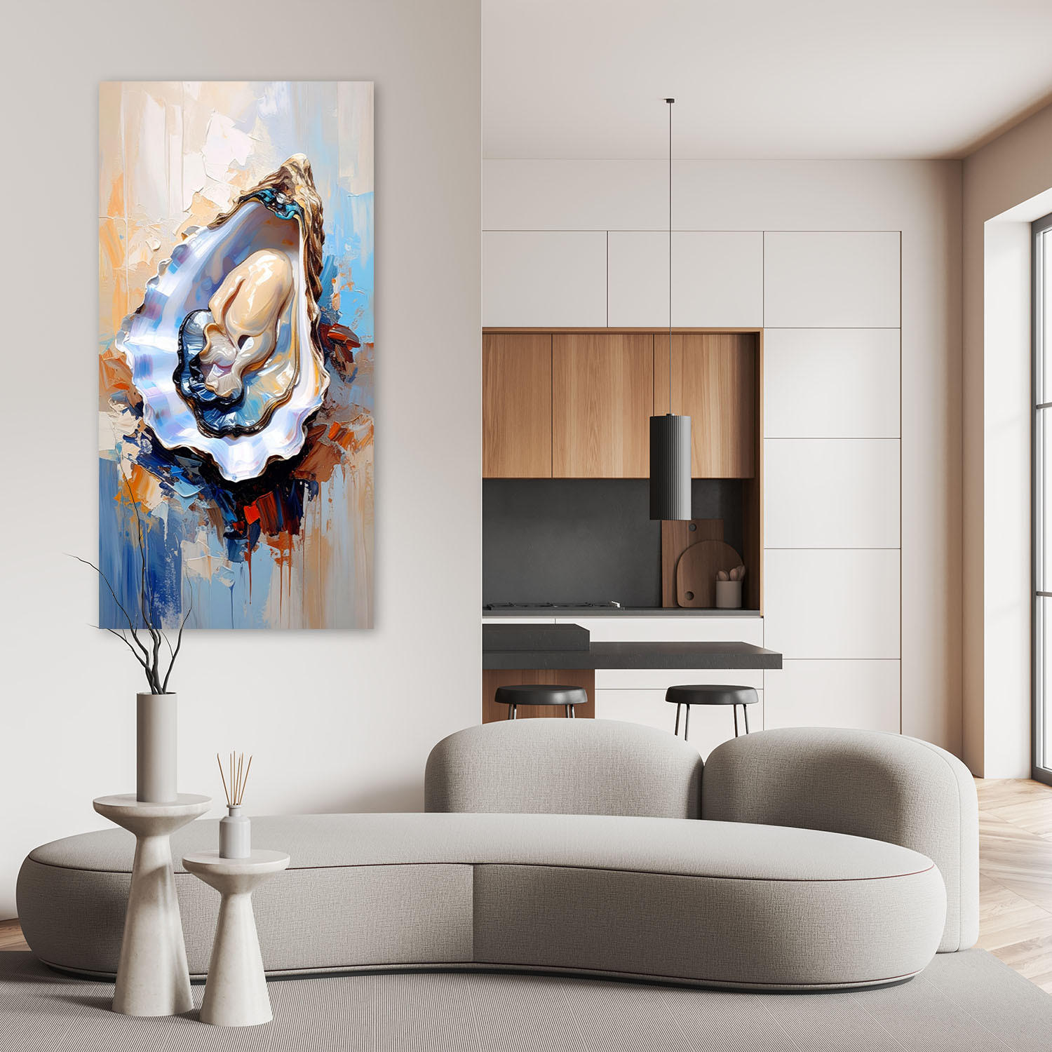 LEINWANDBILD Austern Muscheln Meeresfrüchte Sushi 50x100cm - Blau, Textil (50/100cm) - Feeby