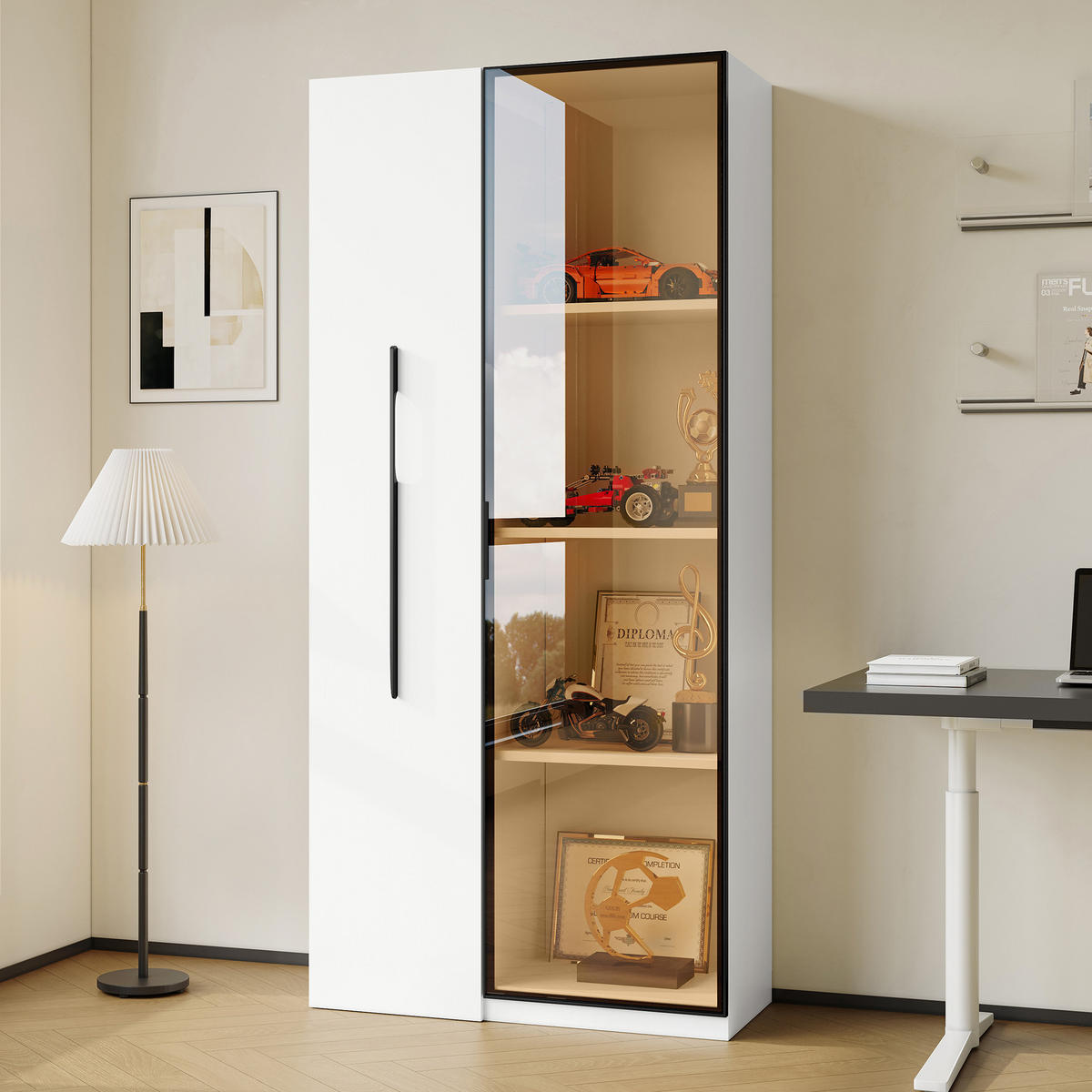 VITRINE 70/40/160 cm weiß aus MDF mit Side-Pull und LED - Weiß, Holzwerkstoff (70/160/40cm) - OKWISH