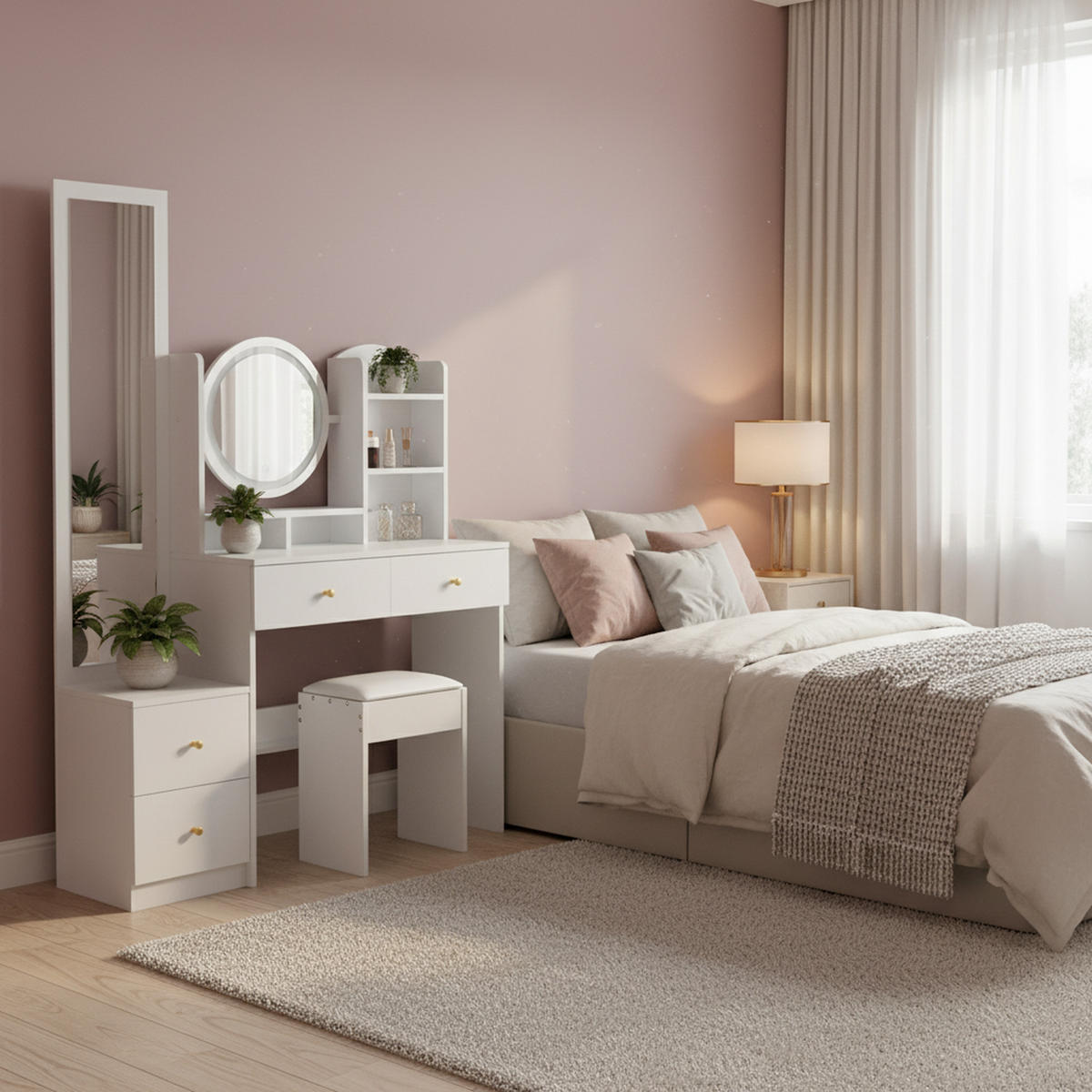 SCHMINKTISCH mit Hocker Weiß 109/36/164 CM - Weiß, Glas/Holzwerkstoff (36/164/109cm) - Urban Meuble