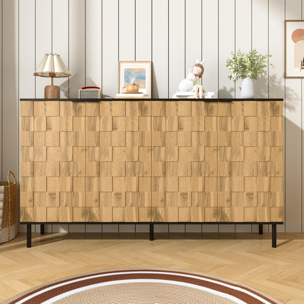 SIDEBOARD 160/35/80,5 cm mit 2 Türen, Mosaikfront und Metallfüßen, Natur/Schwarz - Naturfarben, Holzwerkstoff (160/80/35cm) - Redom