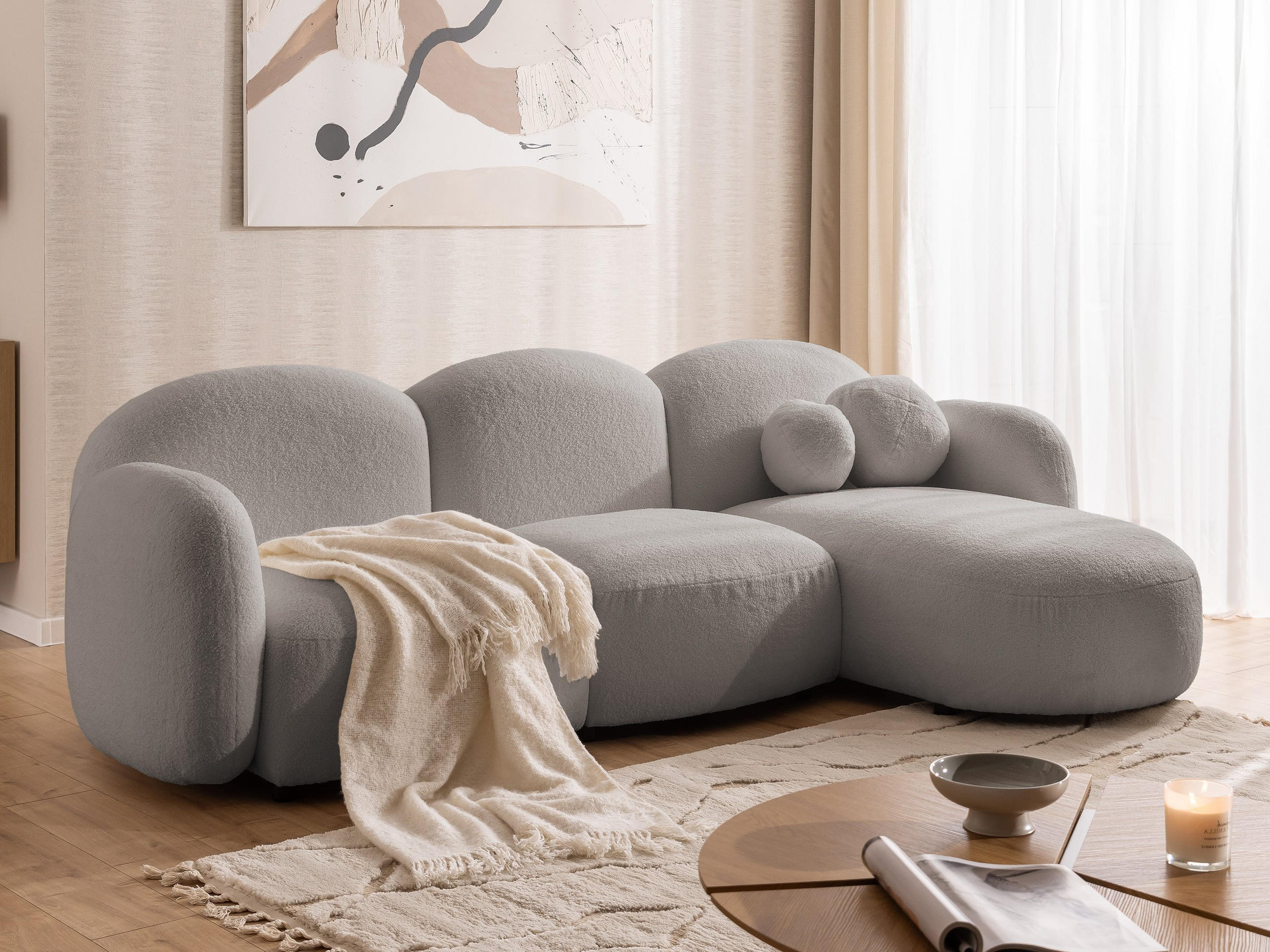 ECKSOFA Nuvola mit abgerundetem Design Hellgrau Bouclé-Stoff - Ottomane Rechts - Hellgrau/Schwarz, Holz/Kunststoff (268/146cm) - S-Style Möbel
