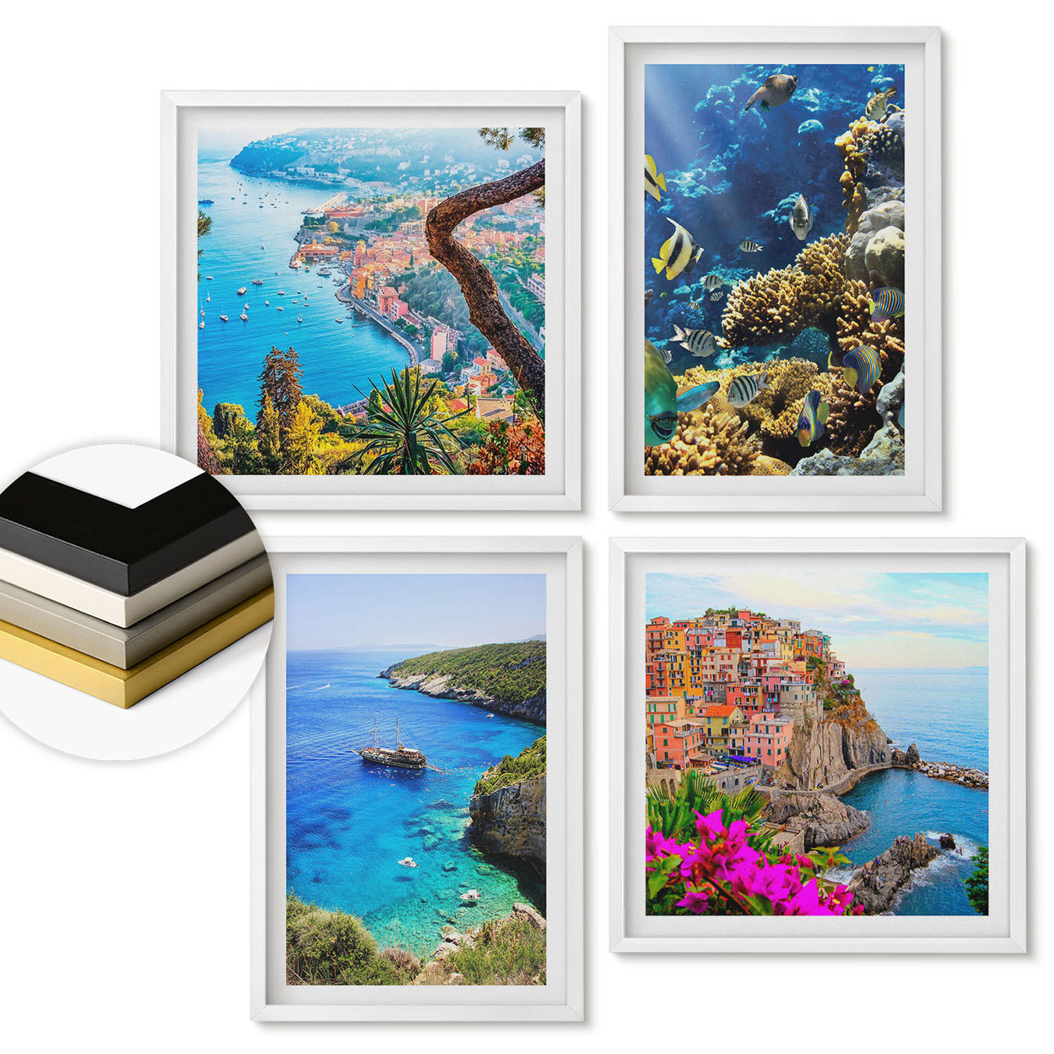 WANDBILDER 4er-Set - 50x50 cm & 40x60 cm Weißer Rahmen - Meerblick, farbenfrohe Häuser - Weiß, Kunststoff (50/50cm) - ArtPrintCave