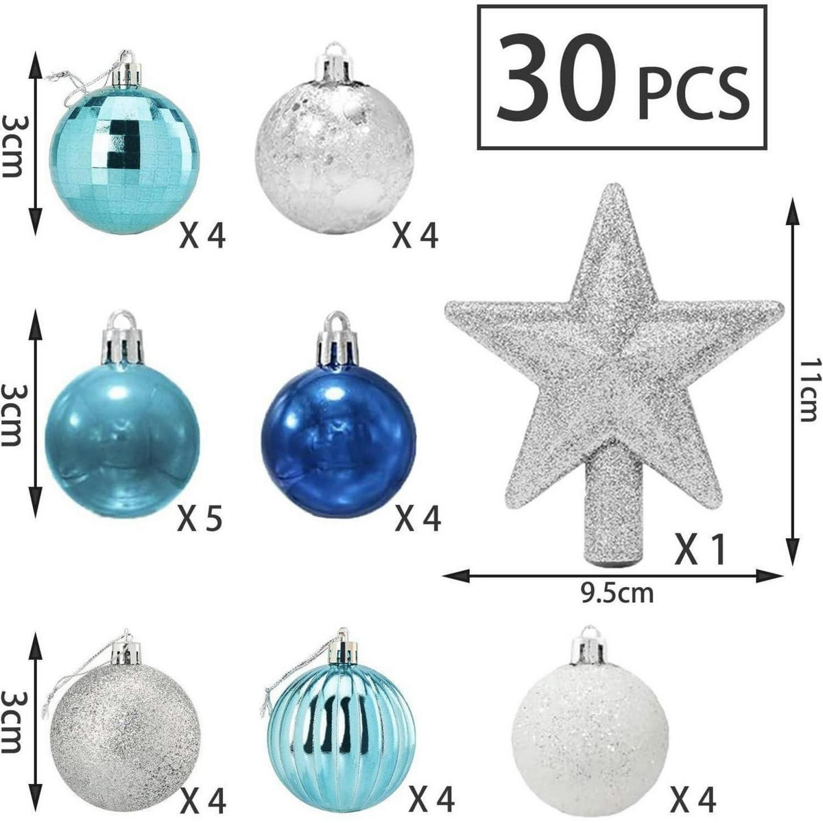 WEIHNACHTSKUGELN 30-teiliges Set Blau & Silber 3 cm - Multicolor, Kunststoff (3/3/3cm)