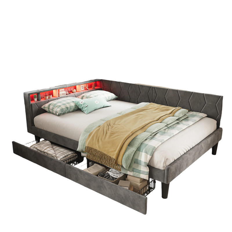 SHOPENTRA ČALOUNĚNÁ postel 140x200cm šedý samet, zásuvky, box na spaní, LED, USB