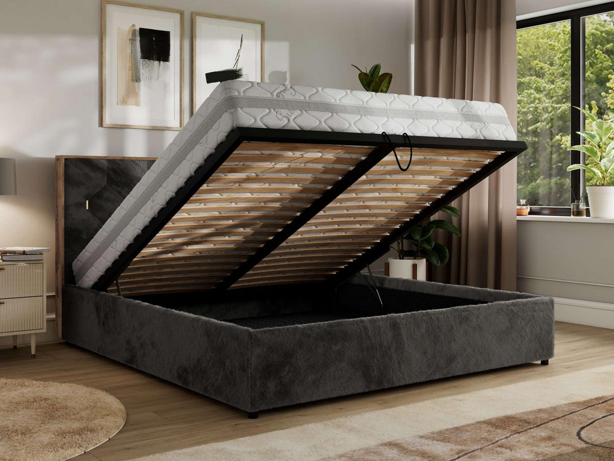 POLSTERBETT LARINO CLASSIC 180/200 - Dunkelgrau Plüsch - Schaum-Matratze - Dunkelgrau, Textil (180/200cm) - MKS