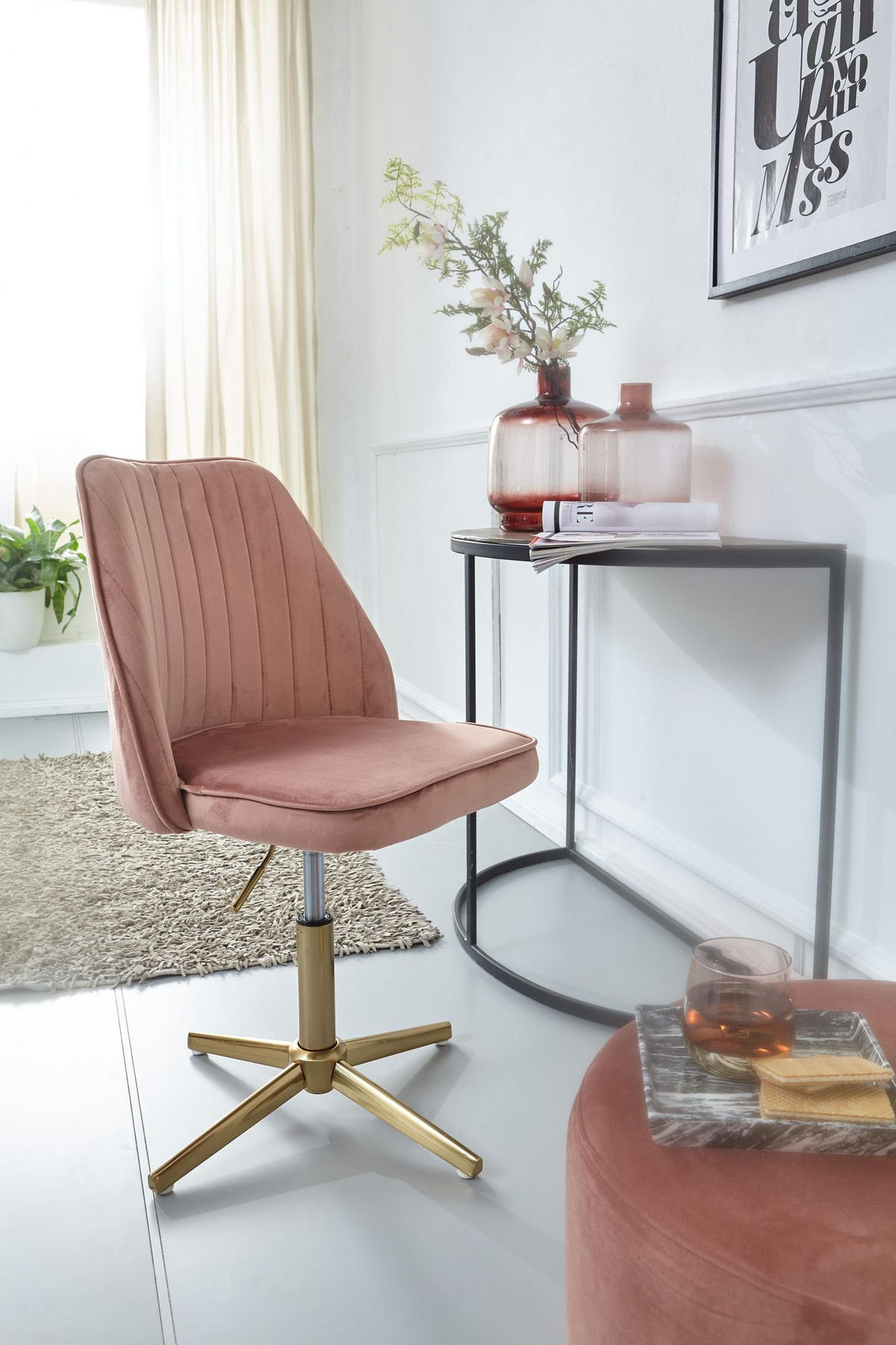 DREHSTUHL Samt mit Höhenverstellung, Eisenfuß und 360° Drehfunktion TANARO, Rosa - Pink/Goldfarben, Textil/Metall (60/100/60cm) - KADIMA DESIGN