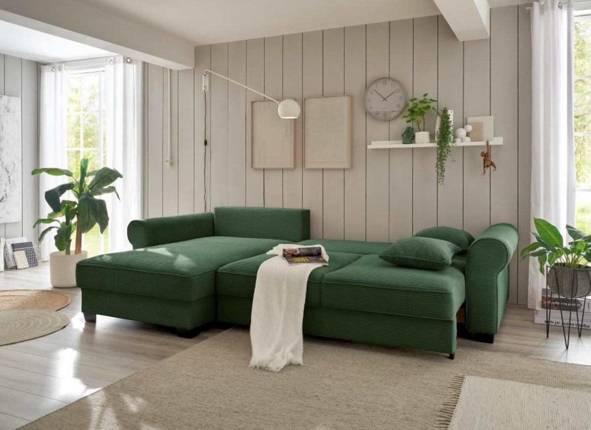 ECKSOFA beidseitig montierbar, Schlaffunktion mit Bettkasten und Nosagfederung in Breitcord - Dunkelgrün/Schwarz, Textil (318/197cm) - ed exciting design