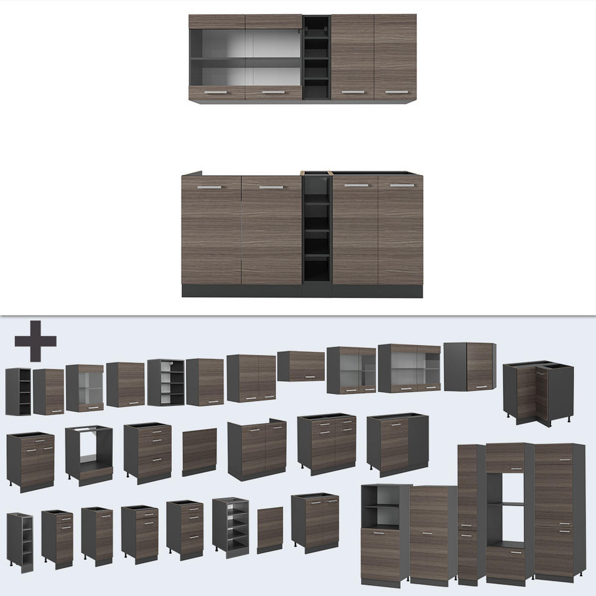 SINGLEKÜCHE R-Line Edelgrau/Anthrazit 160 cm ohne Arbeitsplatte - Anthrazit/Braun, Holzwerkstoff (160/81.6/46cm) - Vicco