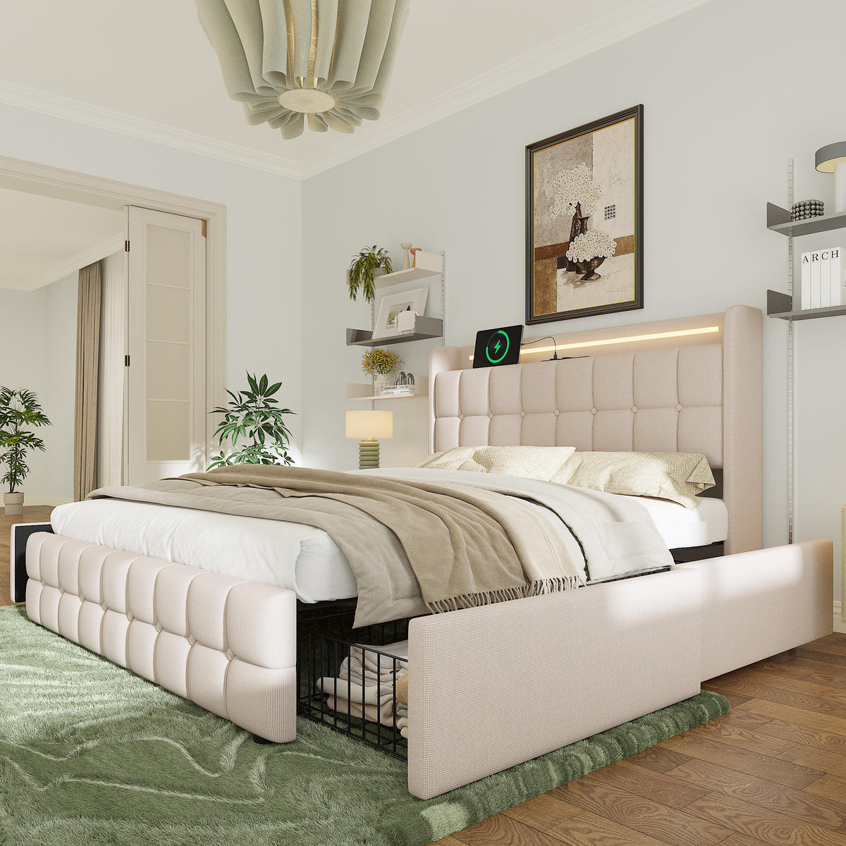 POLSTERBETT 140x200 Beige LED USB 4 Schubladen Holz - Beige, Holz (140/200cm) - FLIEKS