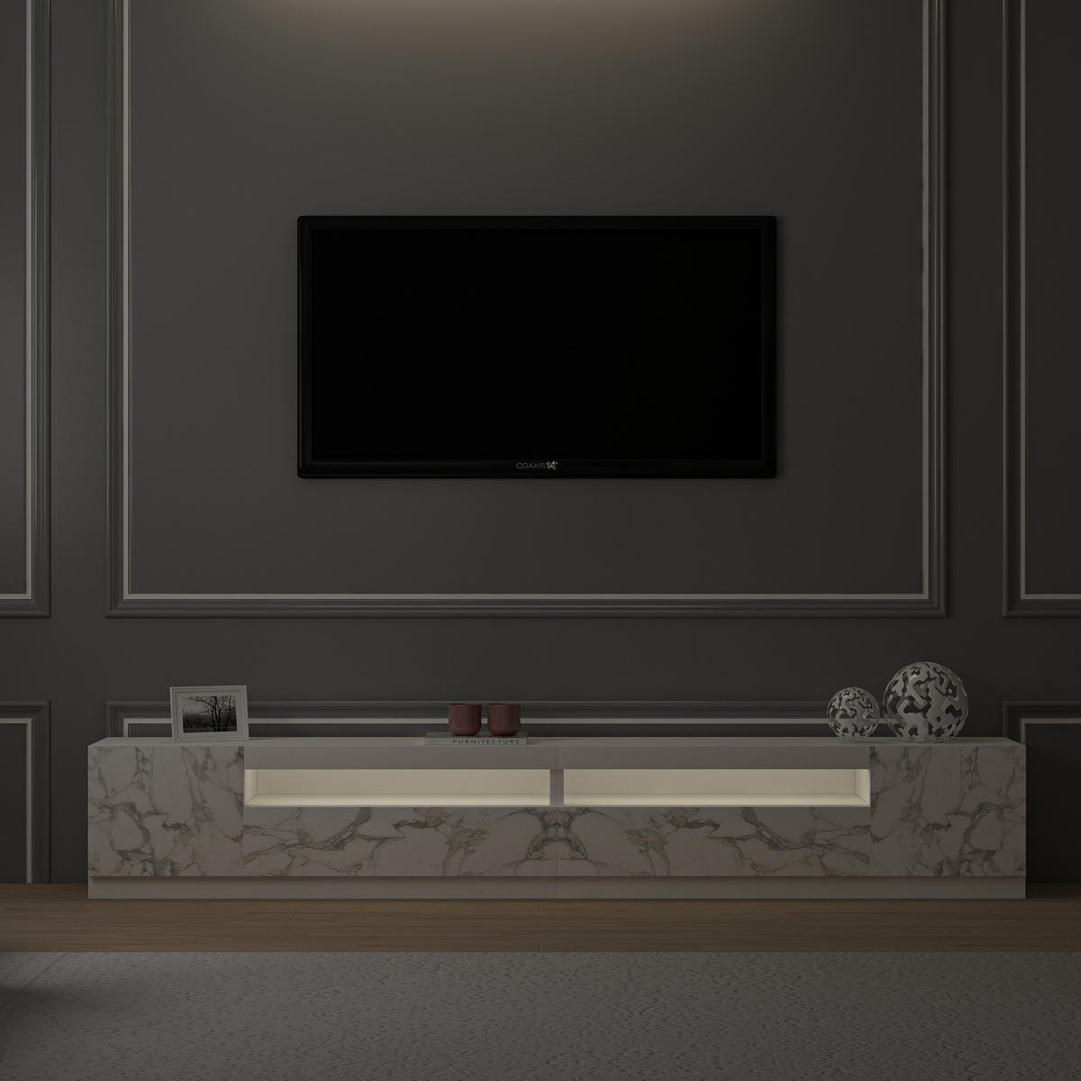 TV-LOWBOARD Weiß mit LED Beleuchtung Marmor Optik 9079 - Weiß, Holzwerkstoff (240/40/37cm) - moebel17