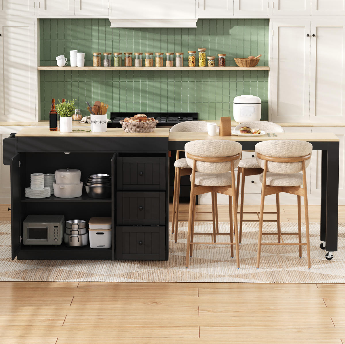 KÜCHENINSEL 112-186,8/45/93 cm aus MDF mit ausziehbarer Arbeitsplatte Schwarz - Schwarz, Holzwerkstoff (130/93/45cm) - Modenvie