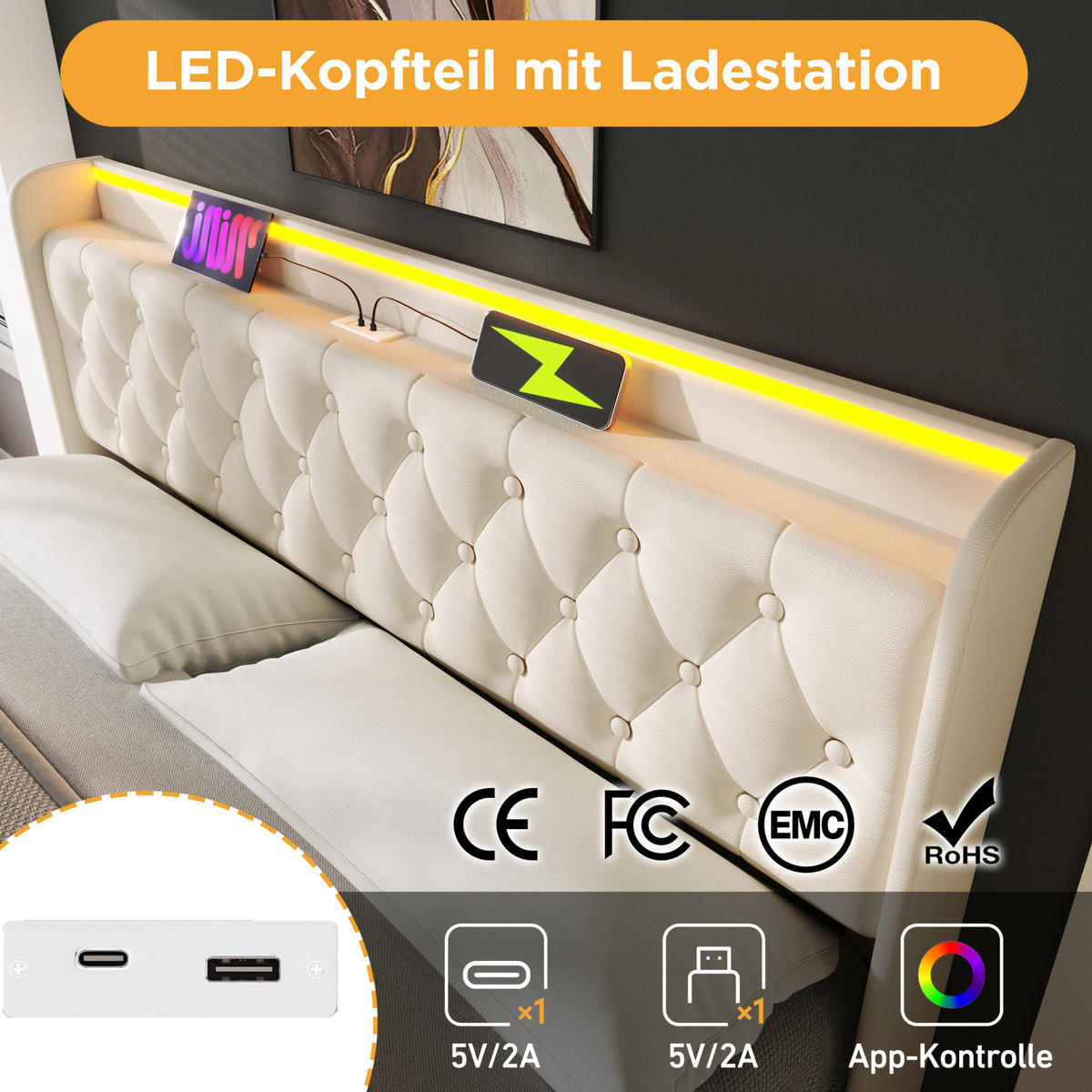 POLSTERBETT 160/200 cm mit LED-Beleuchtung, USB- und Typ-C-Anschluss sowie hydraulischem Bettkasten,und Matratze, Weiß - Weiß, Kunststoff (160/200cm) - Redom