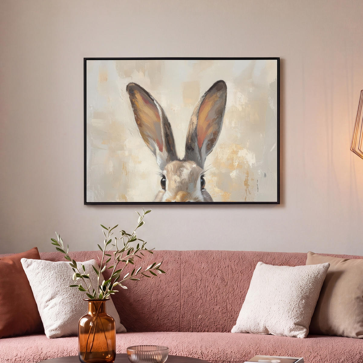 LEINWAND Bilder mit Rahmen - Hase - Ohren - Braun - 80x60 - Beige, Textil (80/60cm) - MuchoWow
