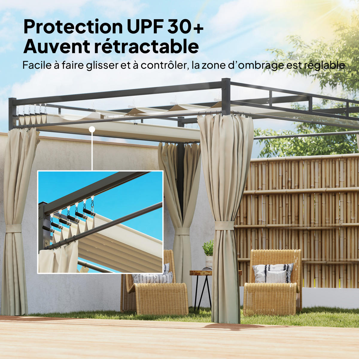 PERGOLA DE-12712 300/300 cm ausziehbar mit 4 Vorhängen UPF30+ Beige - Beige, Metall (295/221/295cm) - ComfortXL
