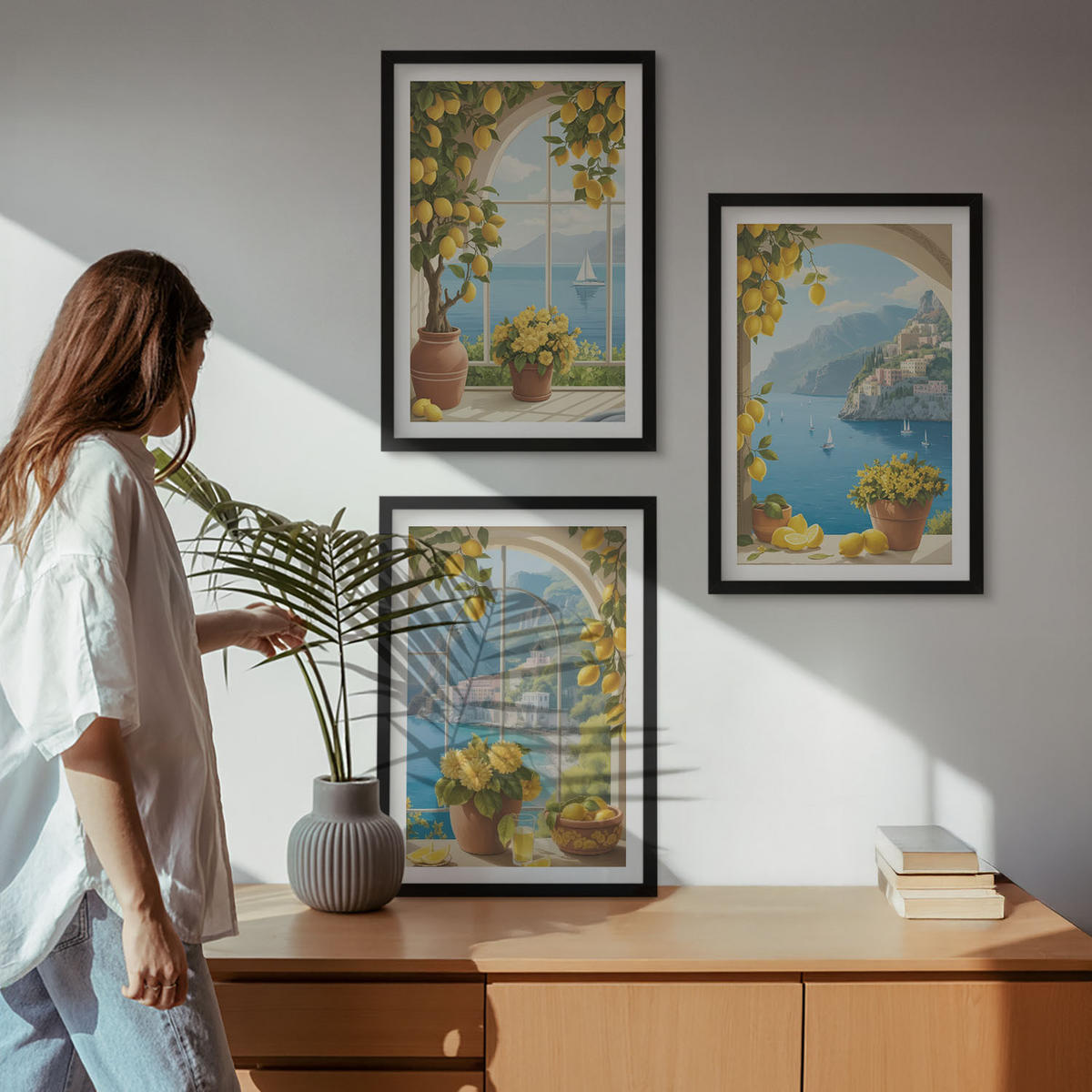 BILDER SET 3er Set - 40x60 cm Schwarzer Rahmen - Meereslandschaften, Zitronen, Fenster - Schwarz, Kunststoff (40/60cm) - TULUP