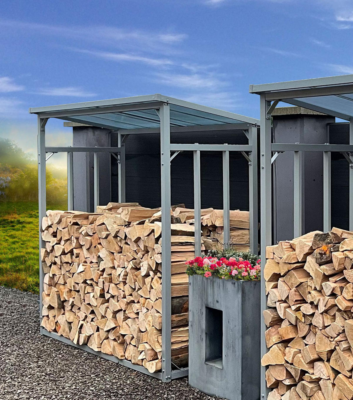 KAMINHOLZREGAL Außen 143x70x145 cm Aluminium Grau mit Wetterschutz 1,6 m³ / 2,5 SRM - Schwarz/Grau, Metall (143/145/70cm) - QUICK STAR