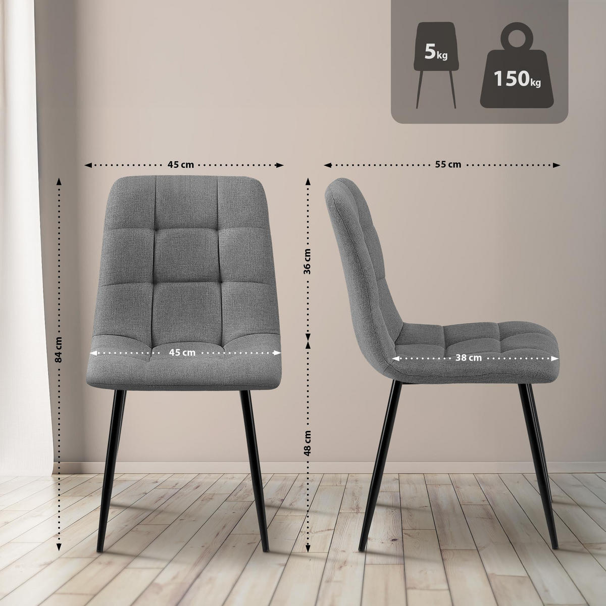 STUHL 2er Set Stoff Grau - Schwarz/Grau, Textil/Metall (45/84/55cm) - CLP