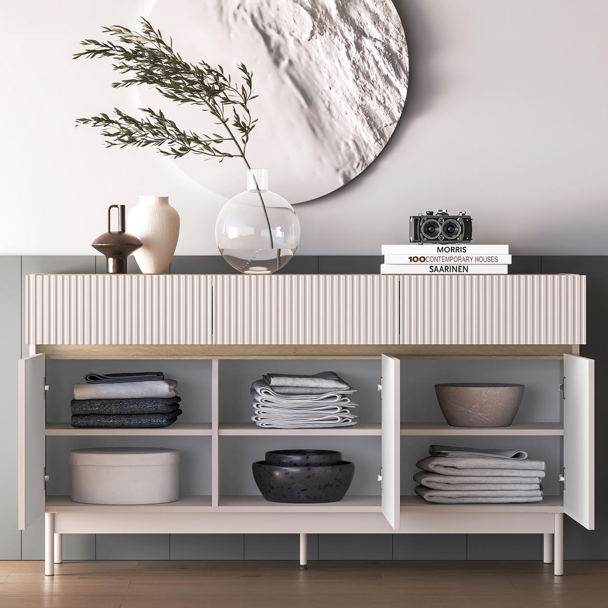 KOMMODE NALIA, Creme/Eiche - Eichefarben/Creme, Holzwerkstoff/Metall (154/85/40cm) - KONSIMO®