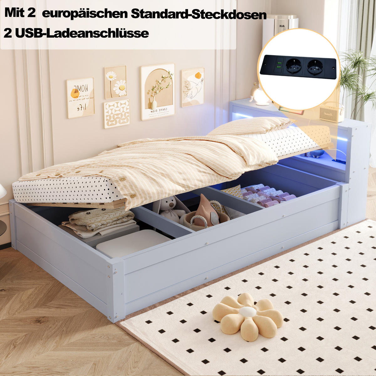 SCHLAFSOFA 90x200cm LED Stauraum Steckdose Massivholz Grau - Grau, Holzwerkstoff (90/200cm) - FLIEKS
