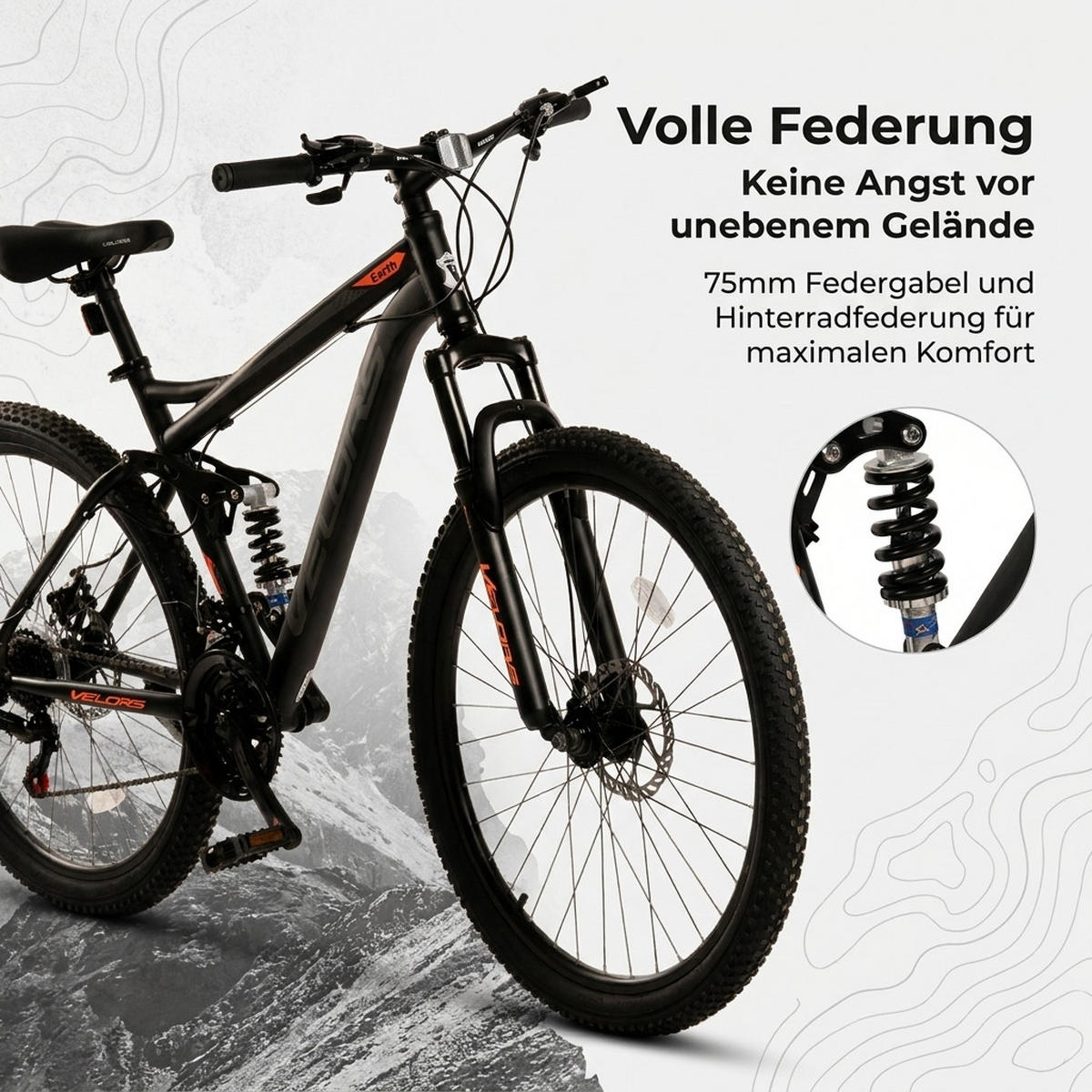 MOUNTAINBIKE 26 Zoll Schwarz + Orange, 21-Gang-Schaltung, Doppel-Scheibenbremsen, Carbonstahl - Orange, Metall (20cm) - Oxeza