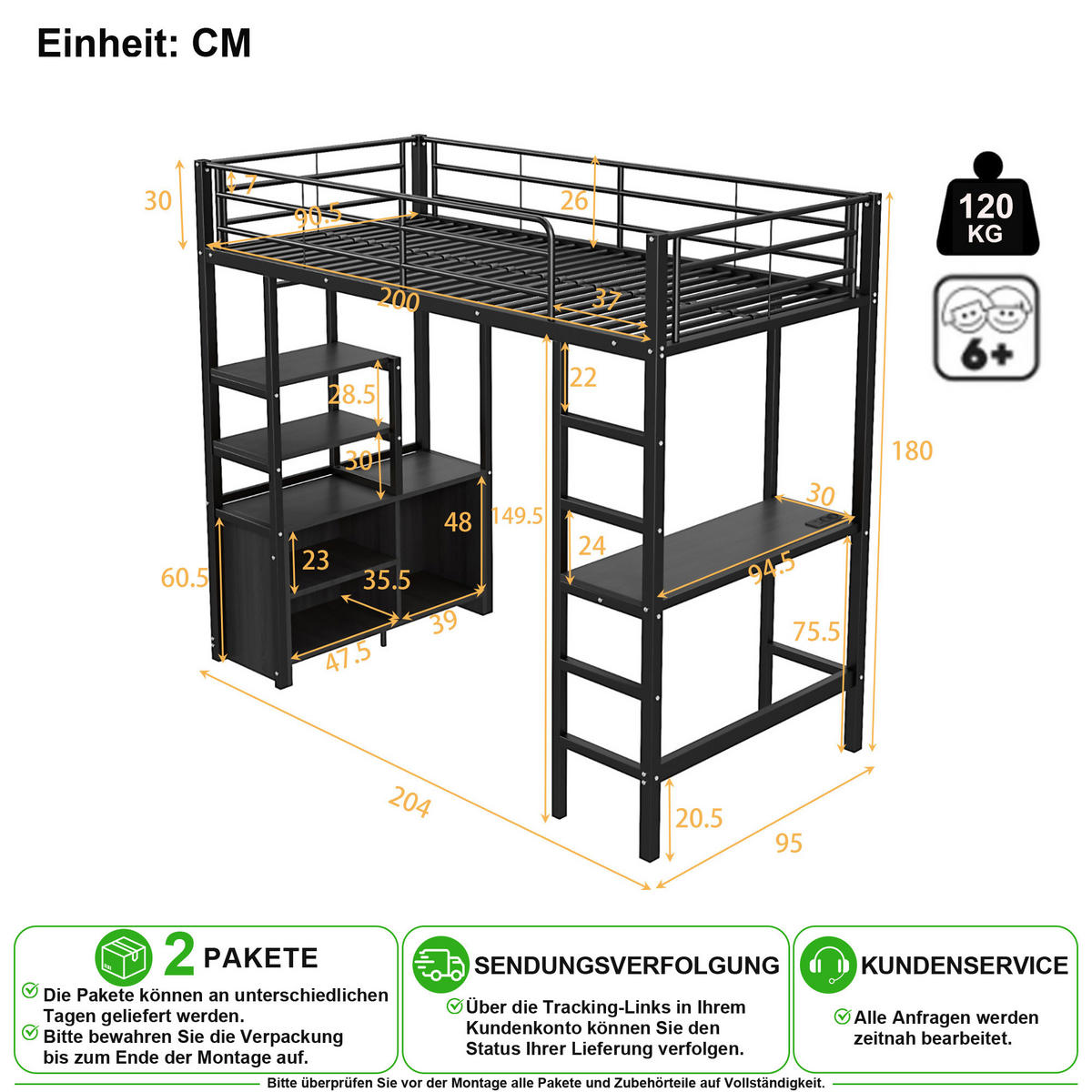 VYVÝŠENÁ POSTEL 90/200 cm v černé barvě s psacím stolem, USB a zásuvkou - černá, kov/kompozitní dřevo (90/200cm) - CHICFURN