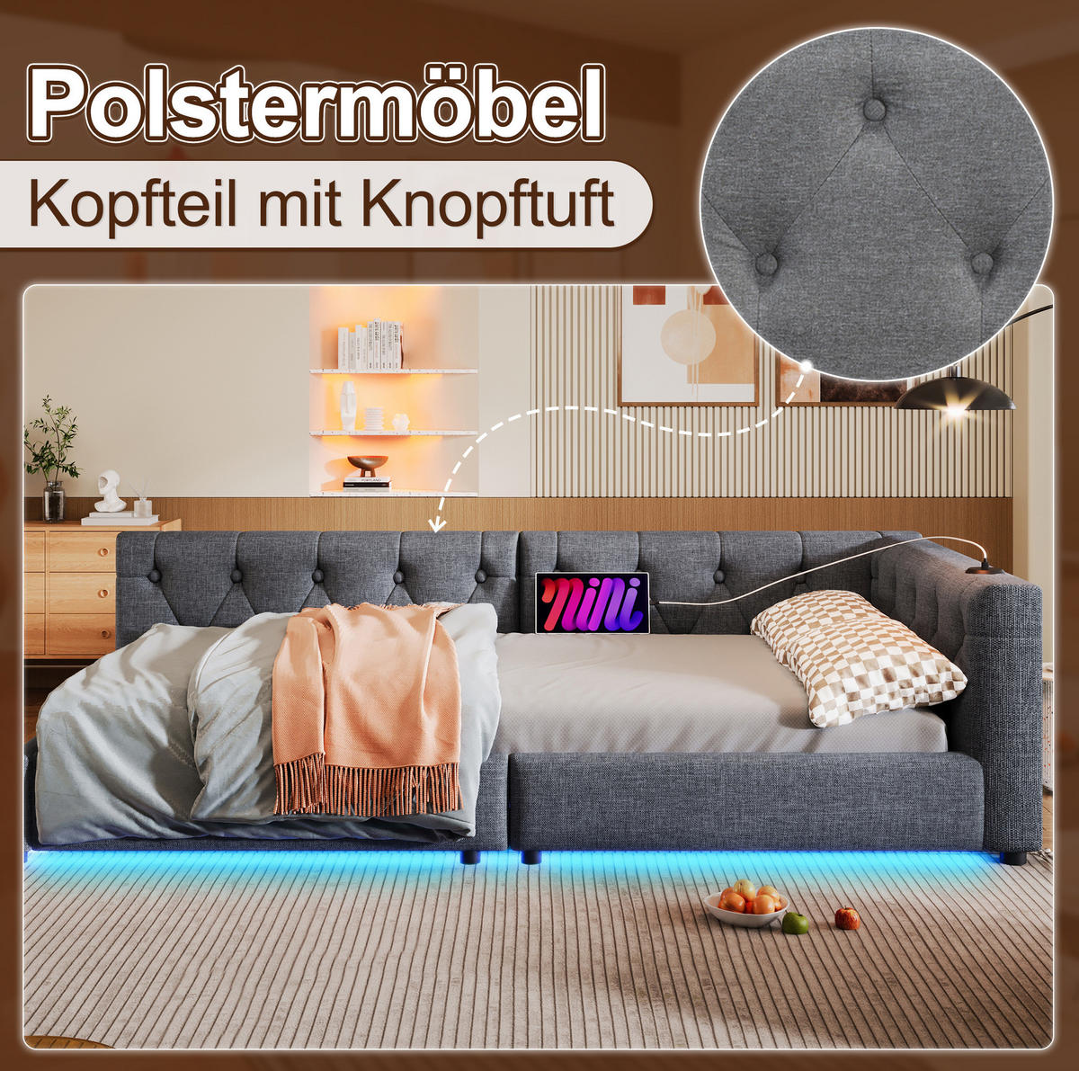 POLSTERBETT mit LED-Beleuchtung 90/200 cm mit gepolstertem Kopfteil und Lattenrost - Grau, Textil (90/200cm) - BEAOK