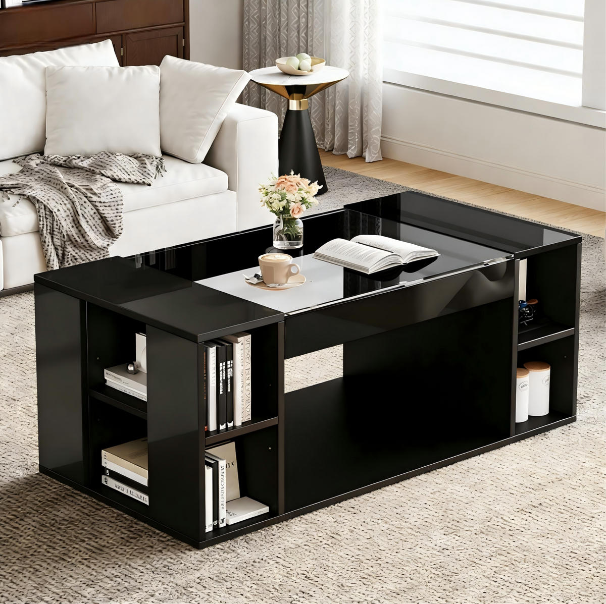 COUCHTISCH 100/50/40 cm mit LED-Beleuchtung, offener Ablage und Glasplatte, Schwarz - Schwarz, Holzwerkstoff (100/50/40cm) - Redom