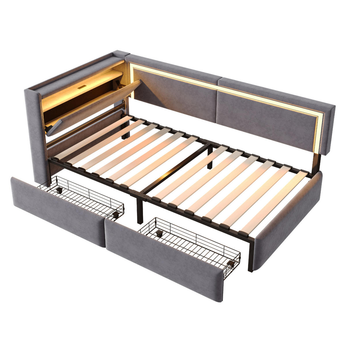 POLSTERBETT 90/200 cm aus Samt mit LED-Beleuchtung, USB-Anschlüssen und Stauraum - Dunkelgrau, Textil (90/200cm) - Flora Grace