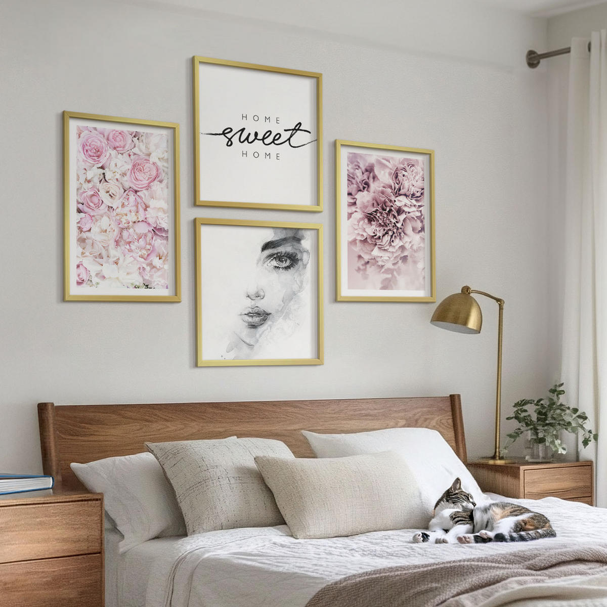 BILDER SET 4er Set - 50x50 cm & 40x60 cm Goldrahmen - Pfingstrosenporträt einer Frau für Zuhause - Goldfarben, Kunststoff (50/50cm) - TULUP