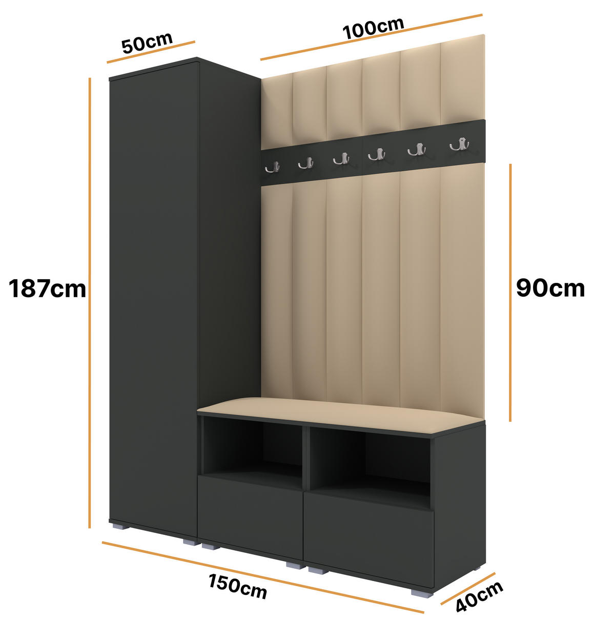 GEPOLSTERT Garderoben-Set Nela II LUX (Farbe Graphit + Stoff Trinity 04) - Beige/Silberfarben, Holz/Holzwerkstoff (150/187/40cm) - Ravio