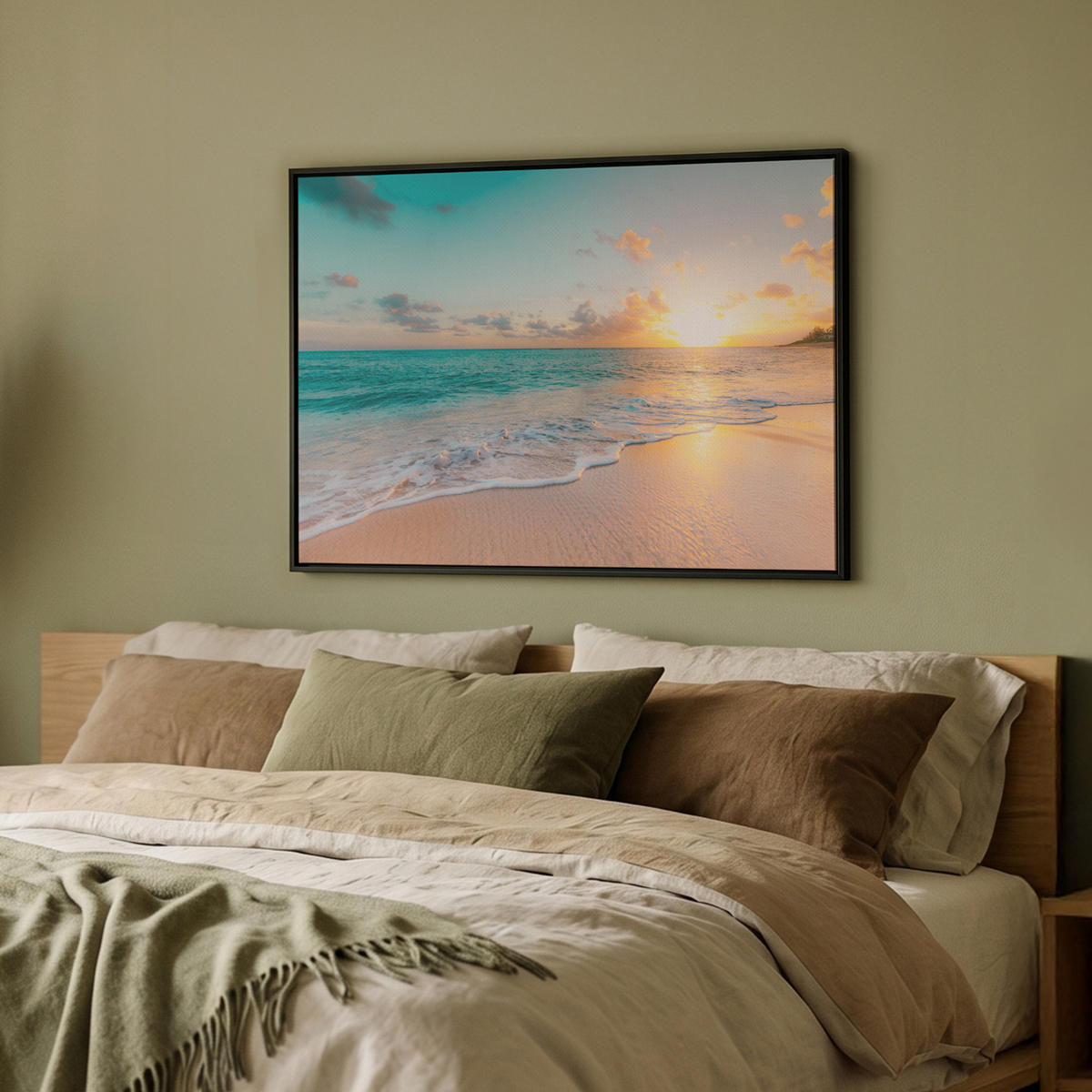 LEINWAND Bilder mit Rahmen - Sonnenuntergang - Strand - Meer - Sommer - Blau - 70x50 - Multicolor, Textil (70/50cm) - MuchoWow