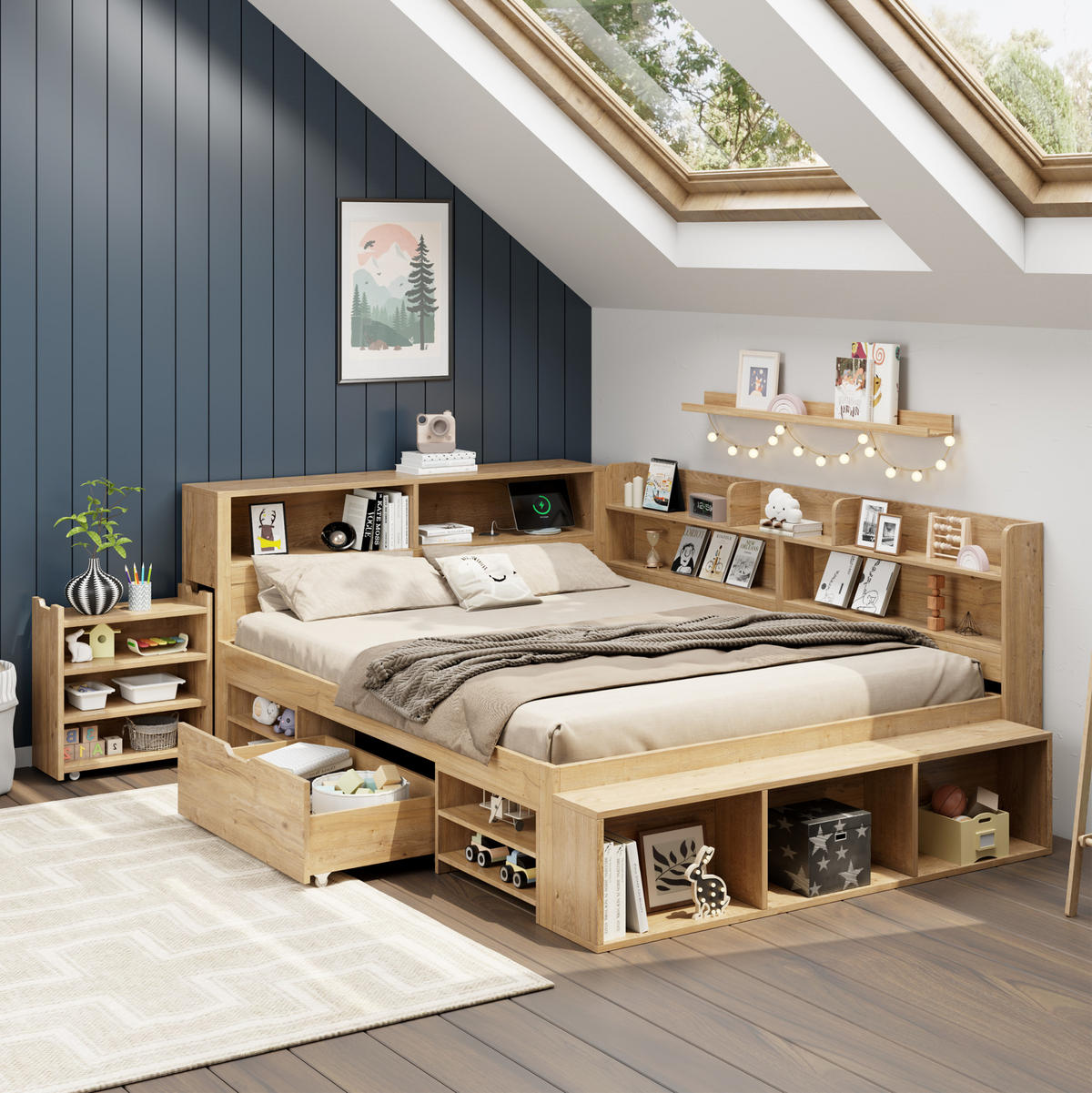KINDERBETT 140/200 cm natur aus Sperrholz mit Stauraum und Regalen - Naturfarben, Holzwerkstoff (140/200cm) - OKWISH