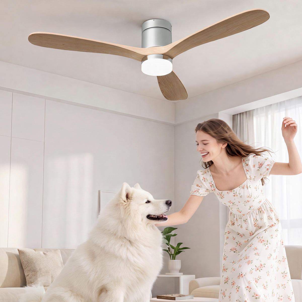 DECKENVENTILATOR mit LED-Licht, 132 cm, Holzflügel, 6 Stufen & Timer - Naturfarben, Metall (132/132/28cm) - EuroLiving