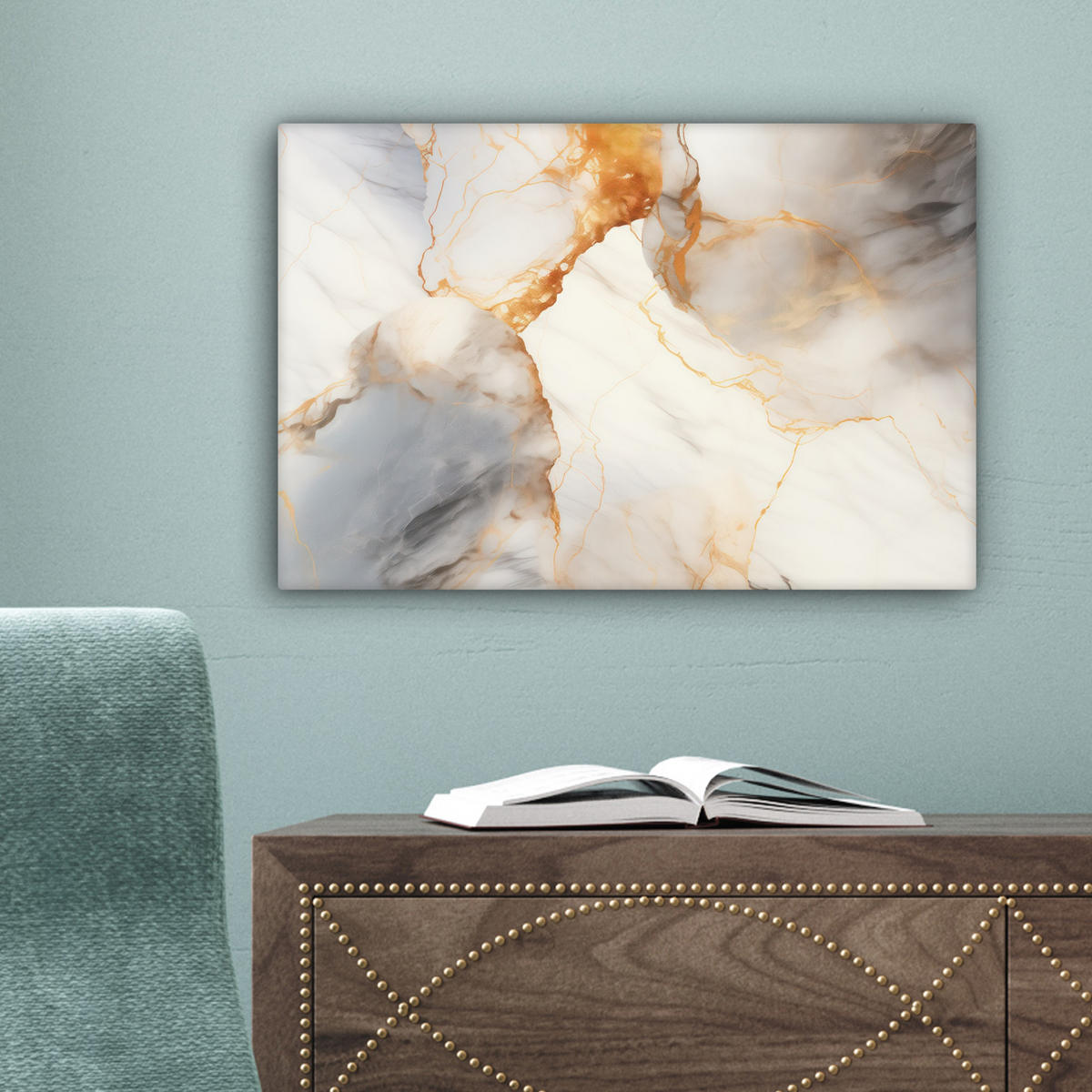 LEINWANDBILD Marmor - Grau - Gold Deko Schlafzimmer 30x20 cm - Weiß, Textil (30/20cm) - MuchoWow