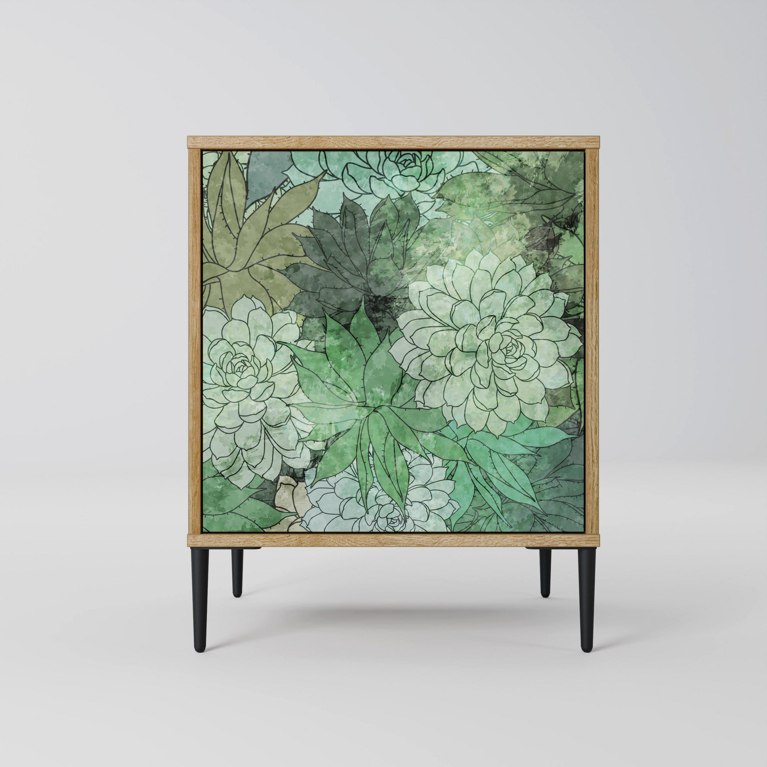 SIDEBOARD SUCCULENT CLUSTER, Eichefarben, 57,5x42x72,5 cm, Schwarze Metallfüße - Eichefarben/Multicolor, Holzwerkstoff/Metall (57.5/72.5/42cm) - SpaceRebels