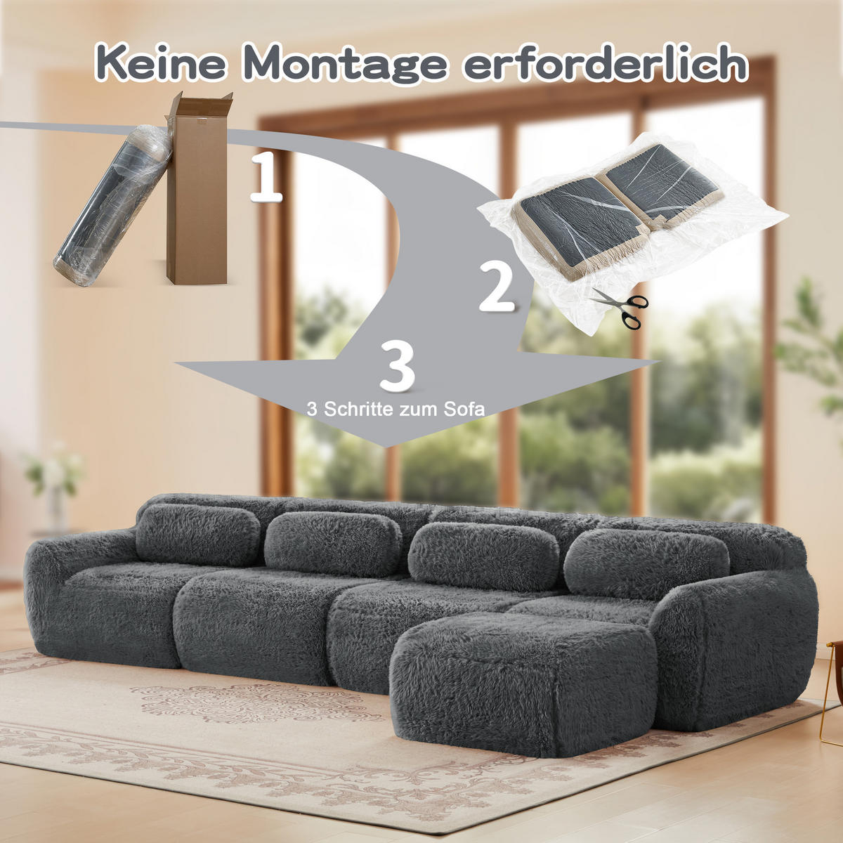 ECKSOFA 378/179/73 cm Grau Plüsch mit 1 Fußhocker und 2 kleinen Dekokissen - Grau, Textil (378/179cm) - Oxeza