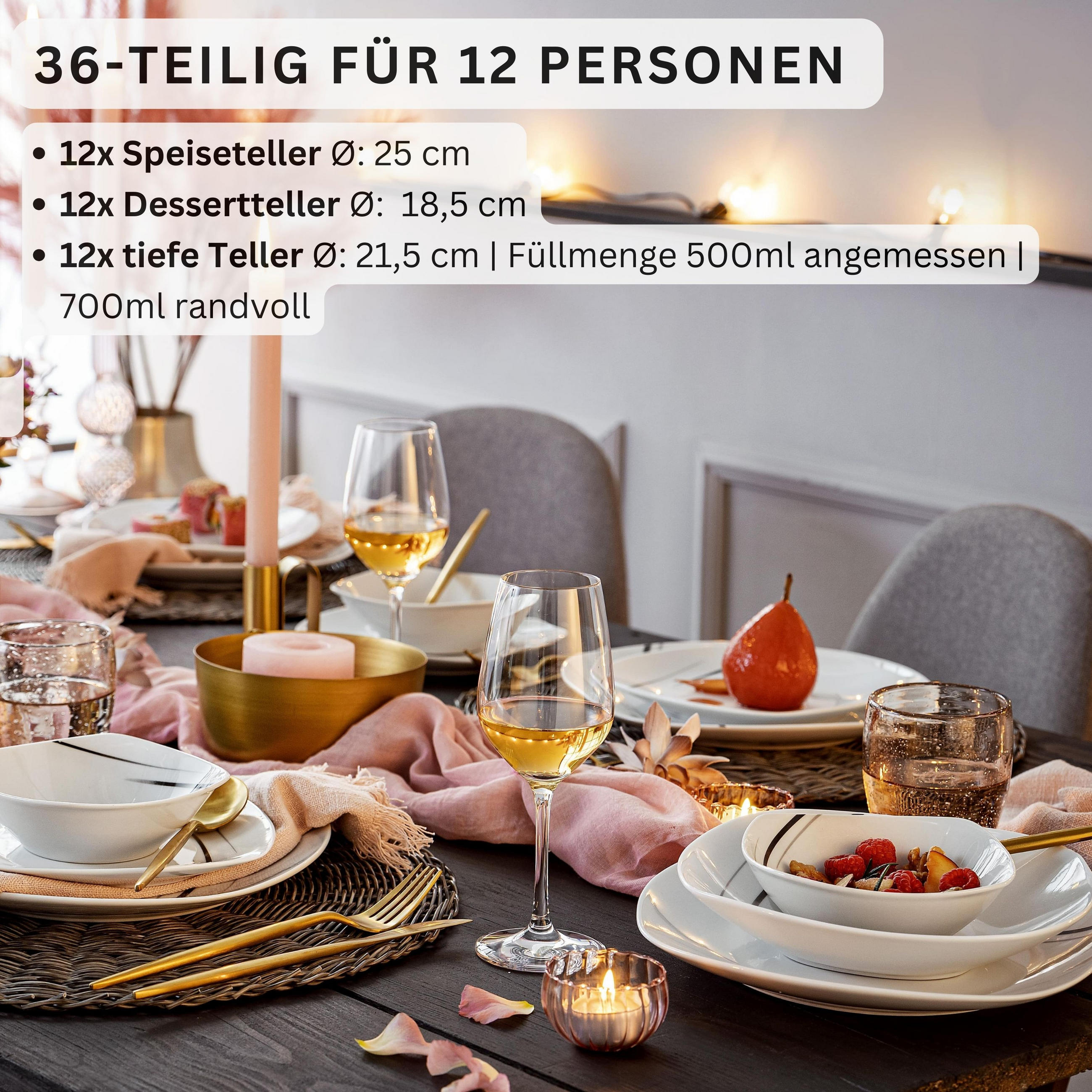 SÄNGER Porzellan Geschirrset Bilgola Black Lines,Tafelservice 36 teilig für 12 Personen - Schwarz/Weiß, Keramik (25/30/25cm) - Sänger