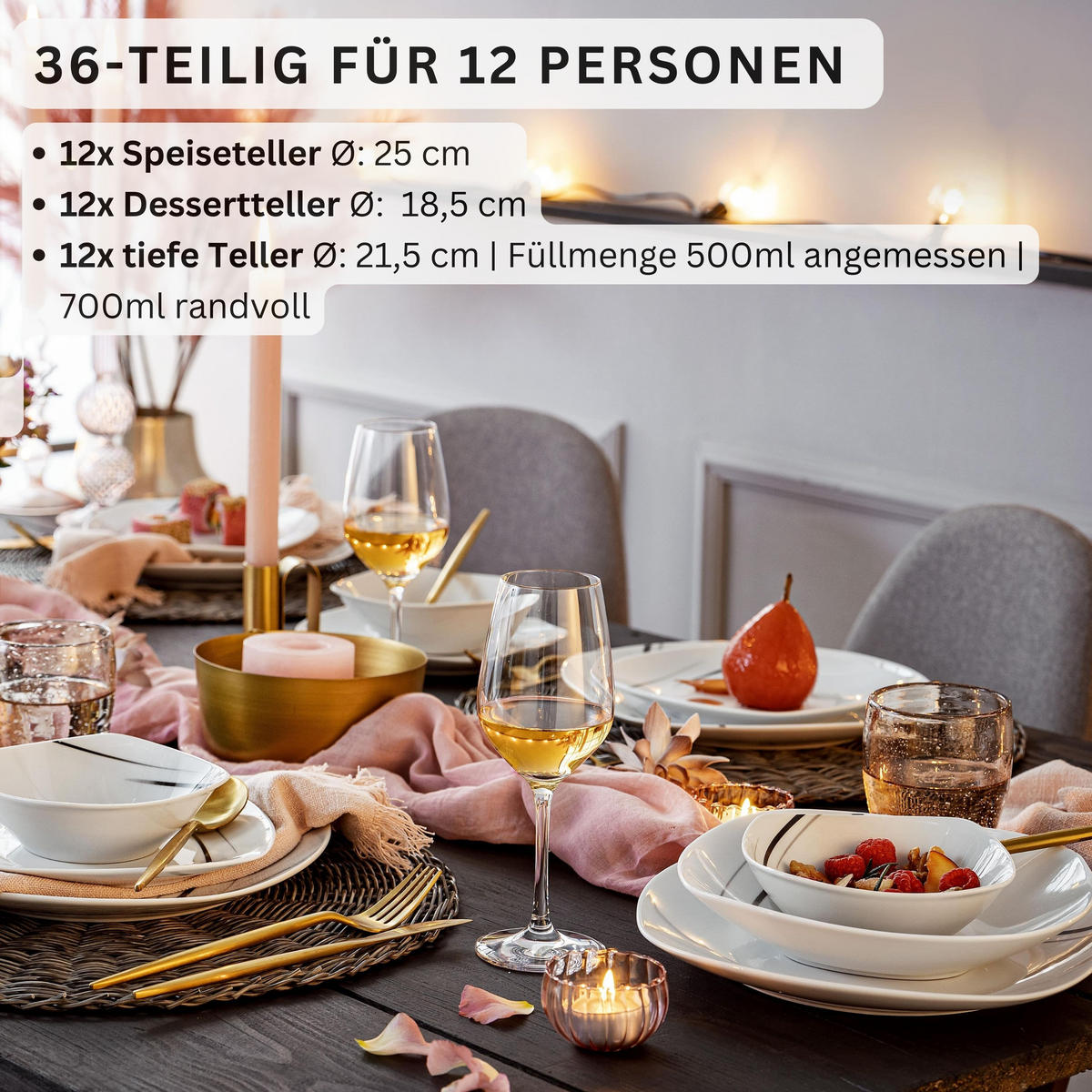 SÄNGER Porzellan Geschirrset Bilgola Black Lines,Tafelservice 36 teilig für 12 Personen - Schwarz/Weiß, Keramik (25/30/25cm) - Sänger