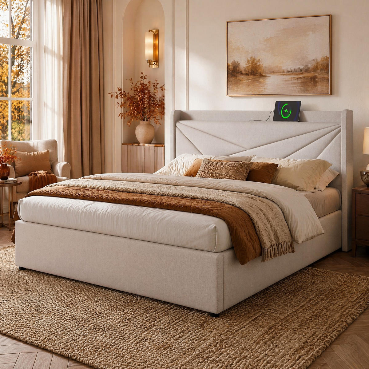 POLSTERBETT 140/200 mit Bettkasten, USB und Type-C in Leinen - Beige, Holzwerkstoff/Textil (140/200cm) - EVRYAE