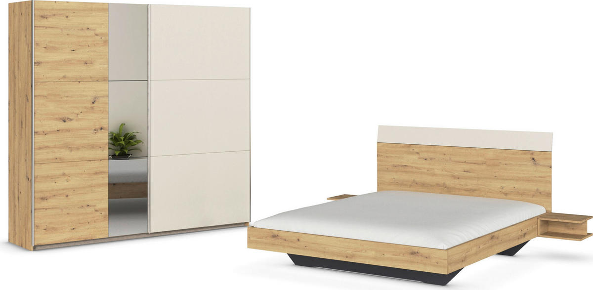 SCHLAFZIMMER Monza in Eiche Artisan und Beige mit Bettanlage 160x200cm, 2 Nachttischen und Schwebetürenkleiderschrank 4türig mit Spiegel - Braun, Holzwerkstoff (80/200/120cm)